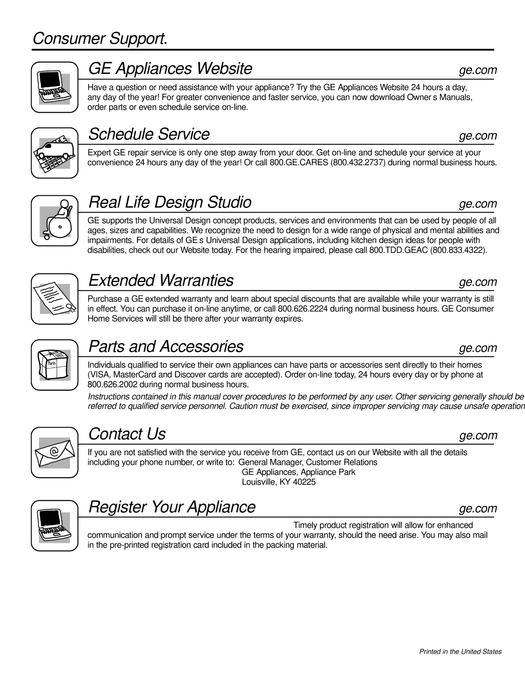 GE P2S975 Consumer Support GE Appliances Website, Schedule Service, Real Life Design Studio, Extended Warranties 