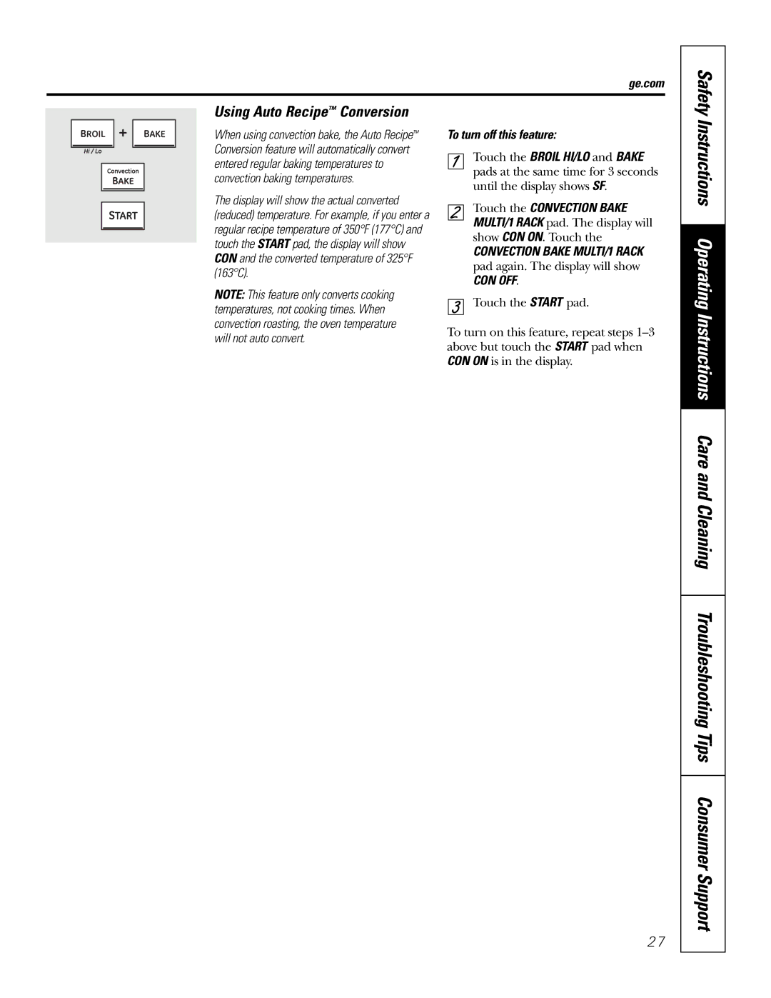 GE P2S975 owner manual Convection baking temperatures, To turn off this feature, Entered regular baking temperatures to 