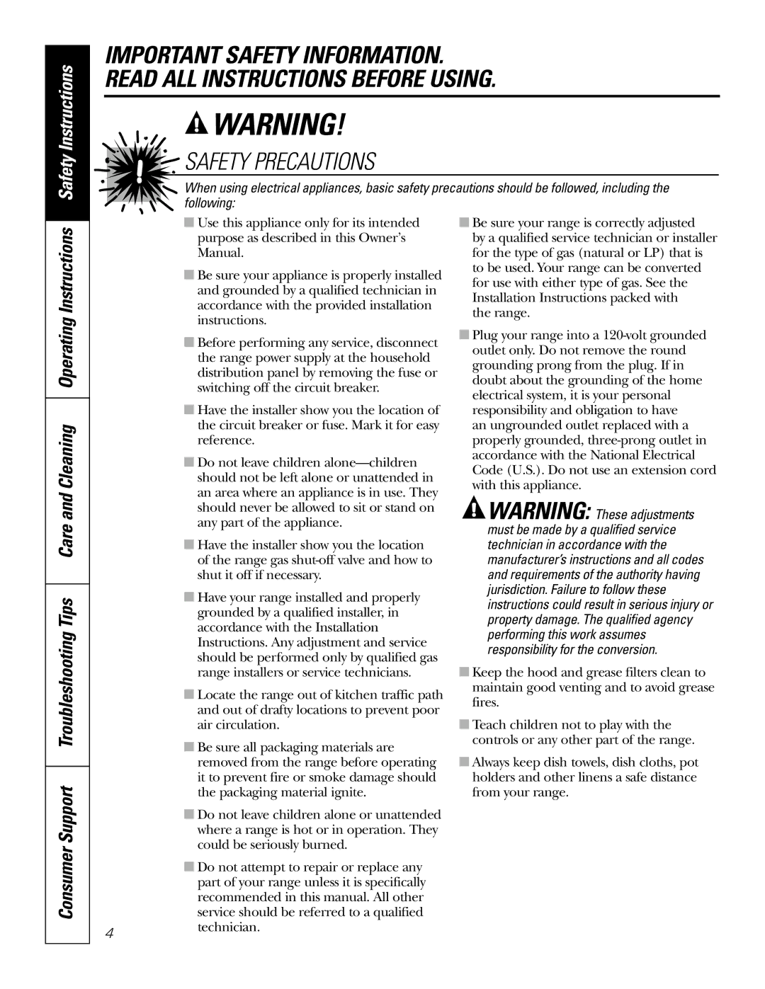 GE P2S975 owner manual Safety Precautions, Manufacturer’s instructions and all codes, Requirements of the authority having 