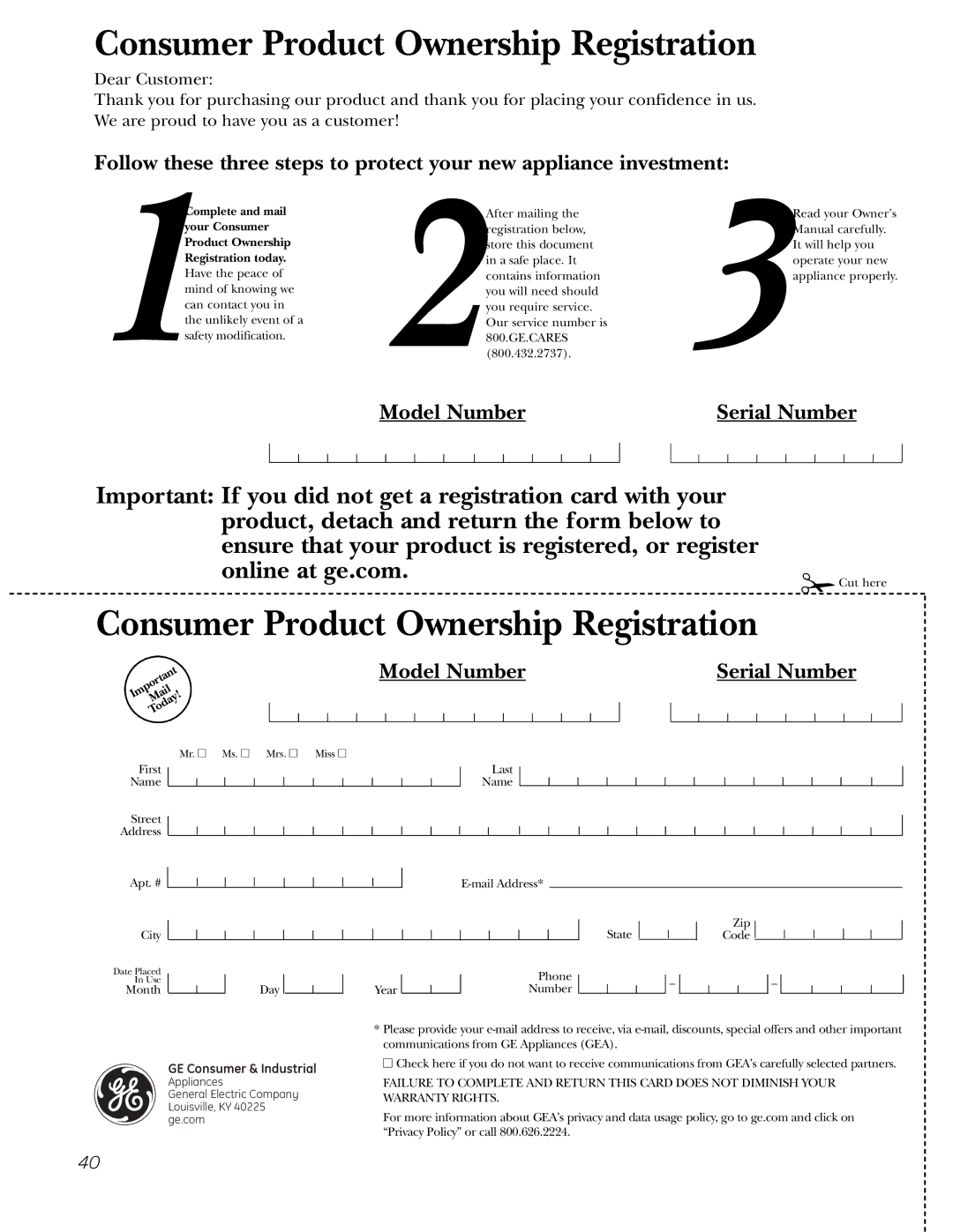 GE P2S975 owner manual Consumer Product Ownership Registration 