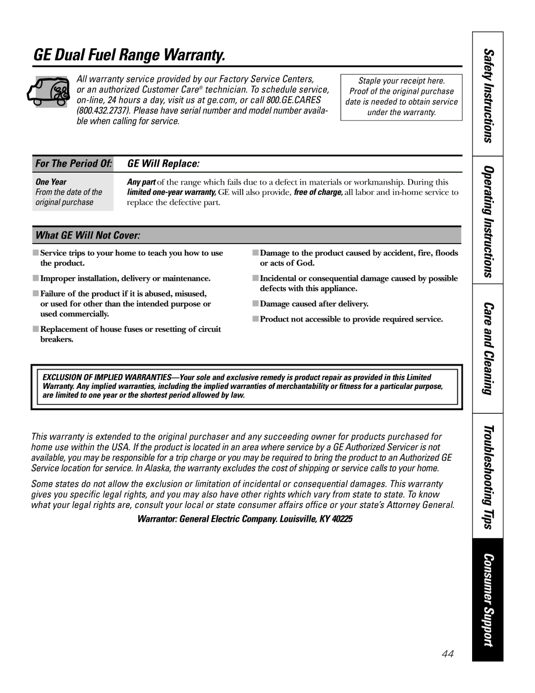 GE P2S975 GE Dual Fuel Range Warranty, GE Will Replace, What GE Will Not Cover, Safety Instructions Operating Instructions 