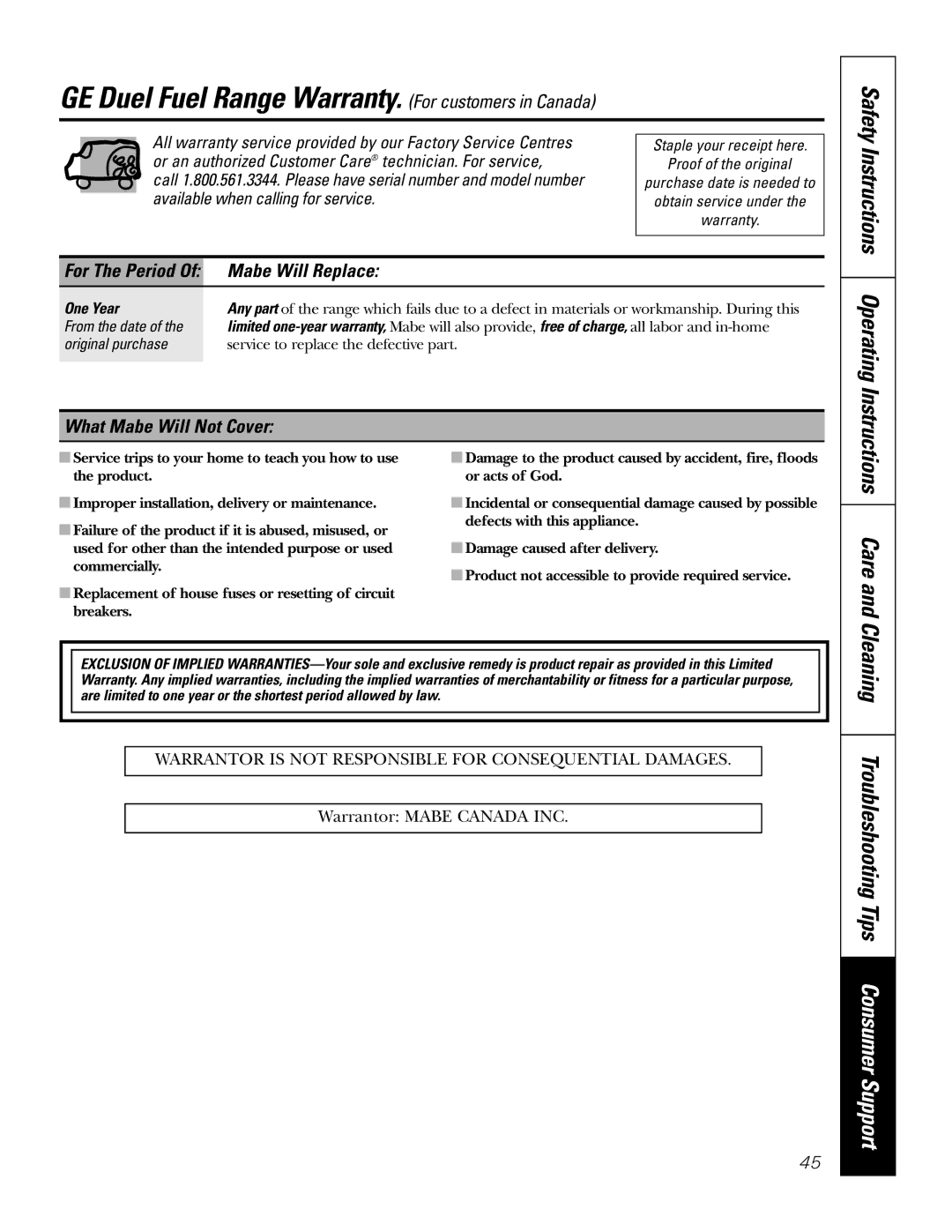 GE P2S975 GE Duel Fuel Range Warranty. For customers in Canada, Care, Mabe Will Replace, What Mabe Will Not Cover 