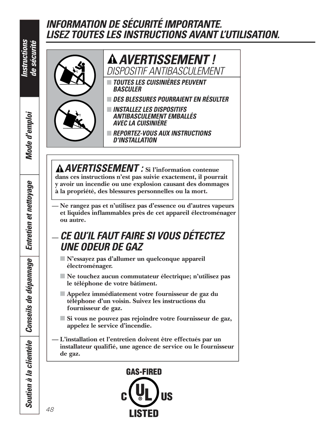 GE P2S975 owner manual Avertissement, Dispositif Antibasculement 