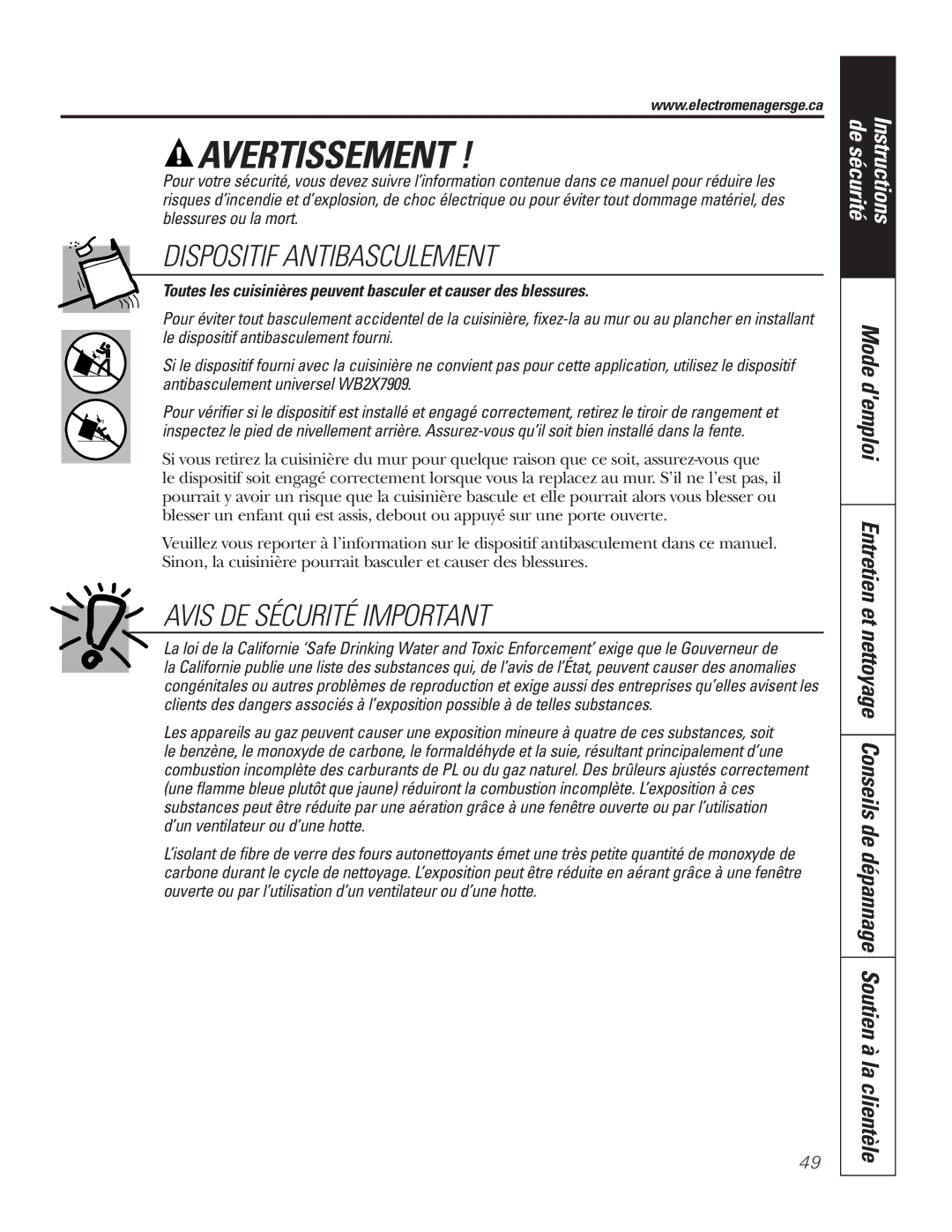 GE P2S975 owner manual Avis DE Sécurité Important 