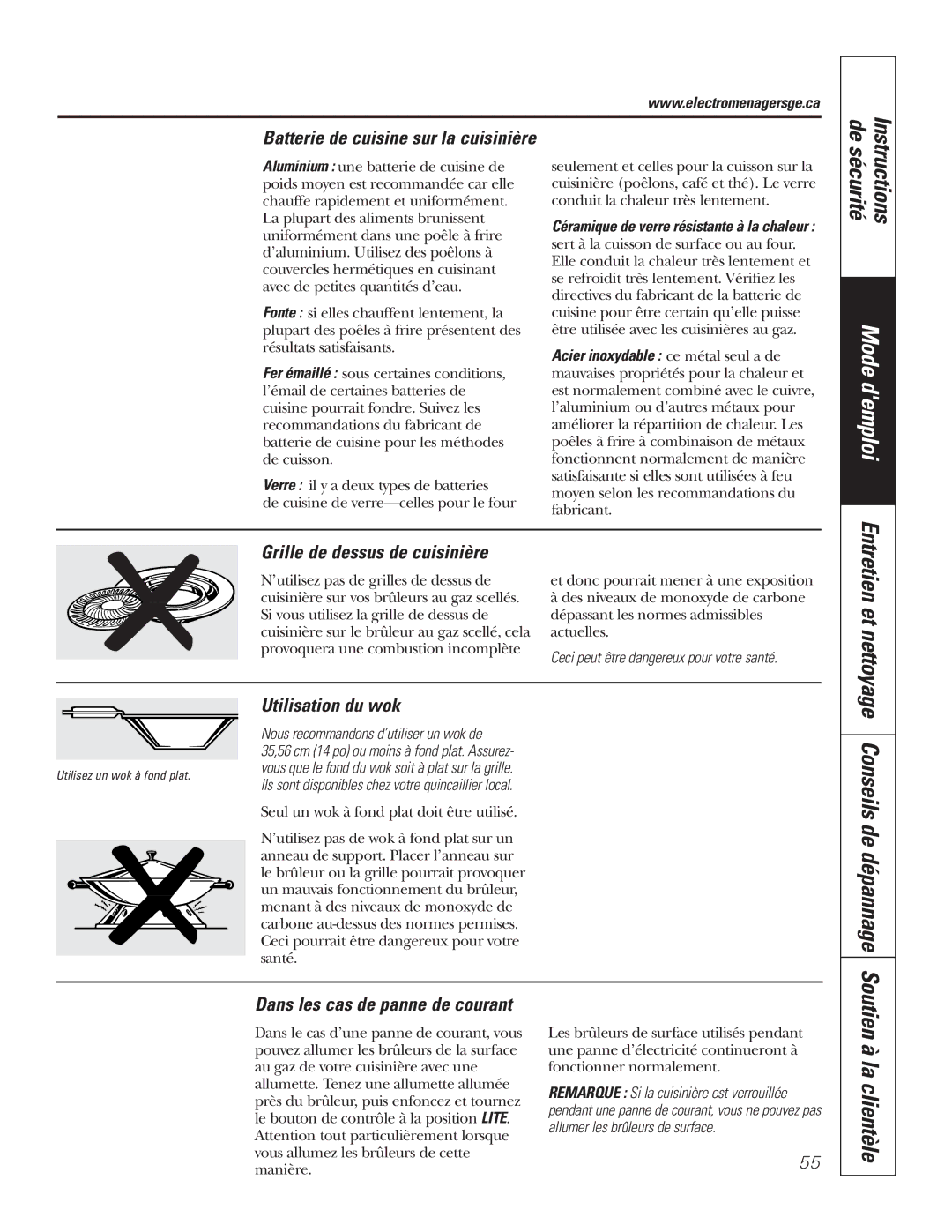 GE P2S975 owner manual Soutien à la clientèle, Batterie de cuisine sur la cuisinière, Grille de dessus de cuisinière 