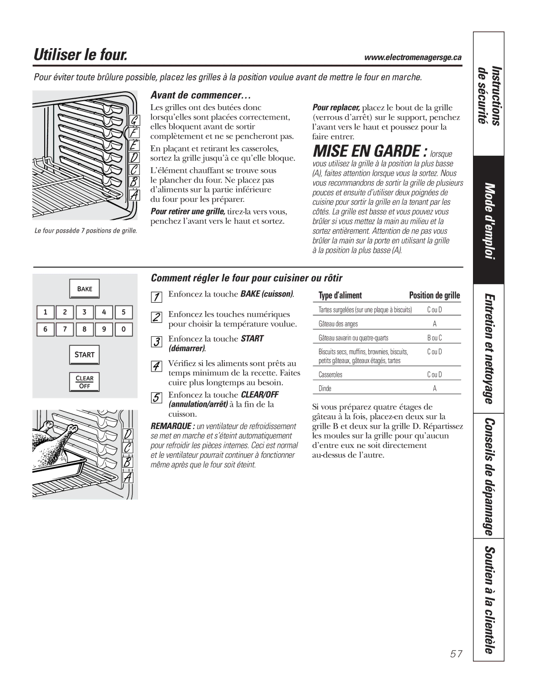 GE P2S975 owner manual Utiliser le four, Mise EN Garde lorsque, Avant de commencer…, La position la plus basse a 