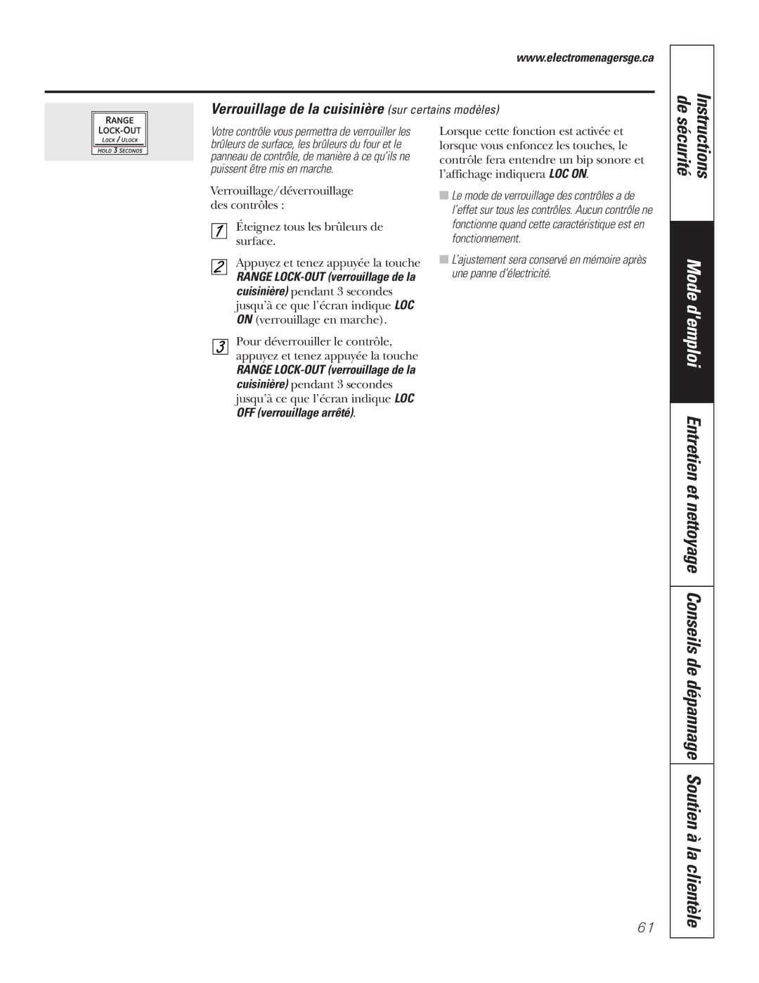 GE P2S975 owner manual Verrouillage de la cuisinière sur certains modèles 