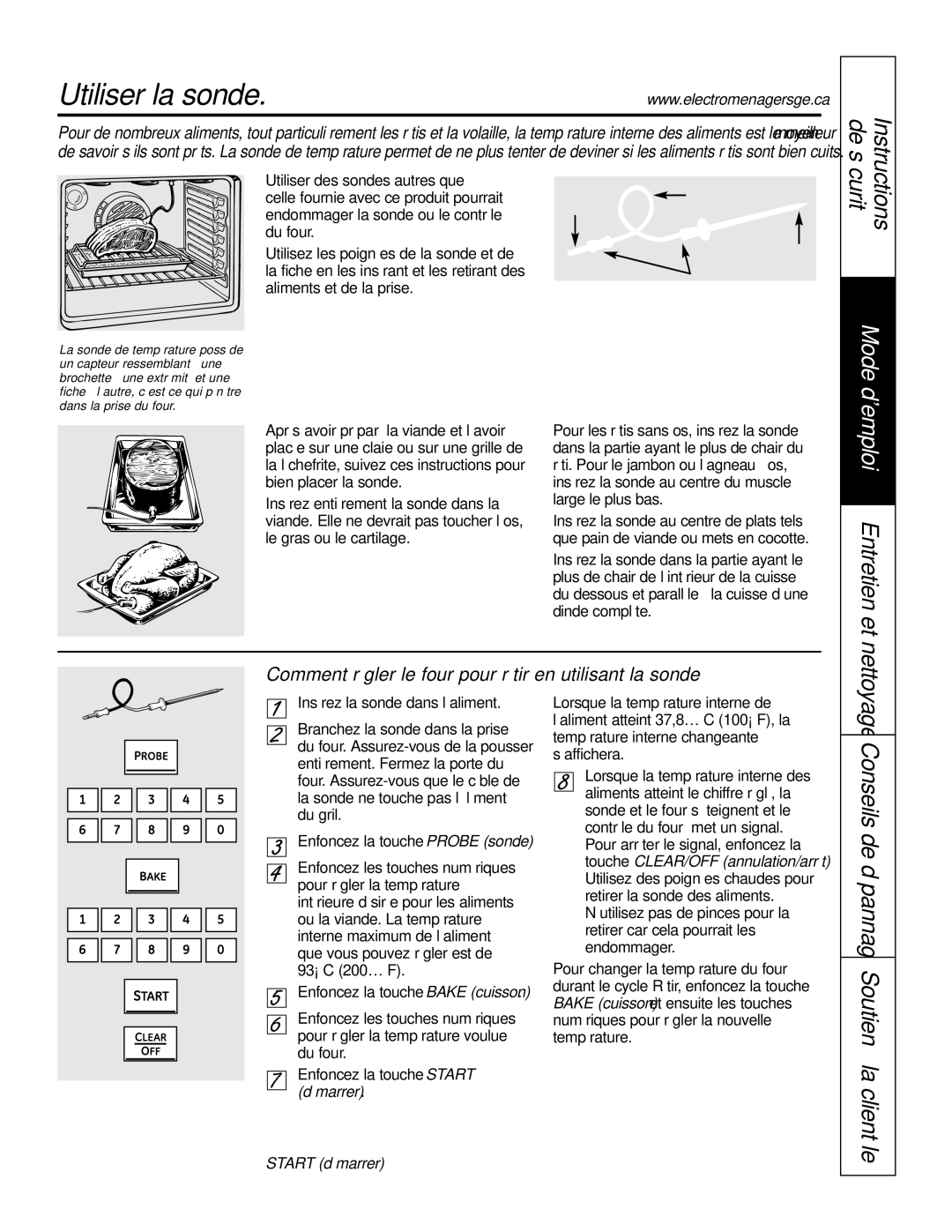 GE P2S975 Utiliser la sonde, Comment régler le four pour rôtir en utilisant la sonde, Ne rangez pas la sonde dans le four 