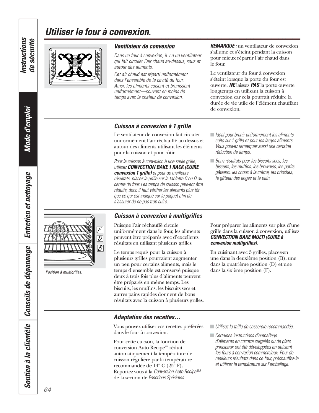 GE P2S975 Utiliser le four à convexion, Et nettoyage Mode, Soutien à la clientèle, Conseils de dépannage Entretien 