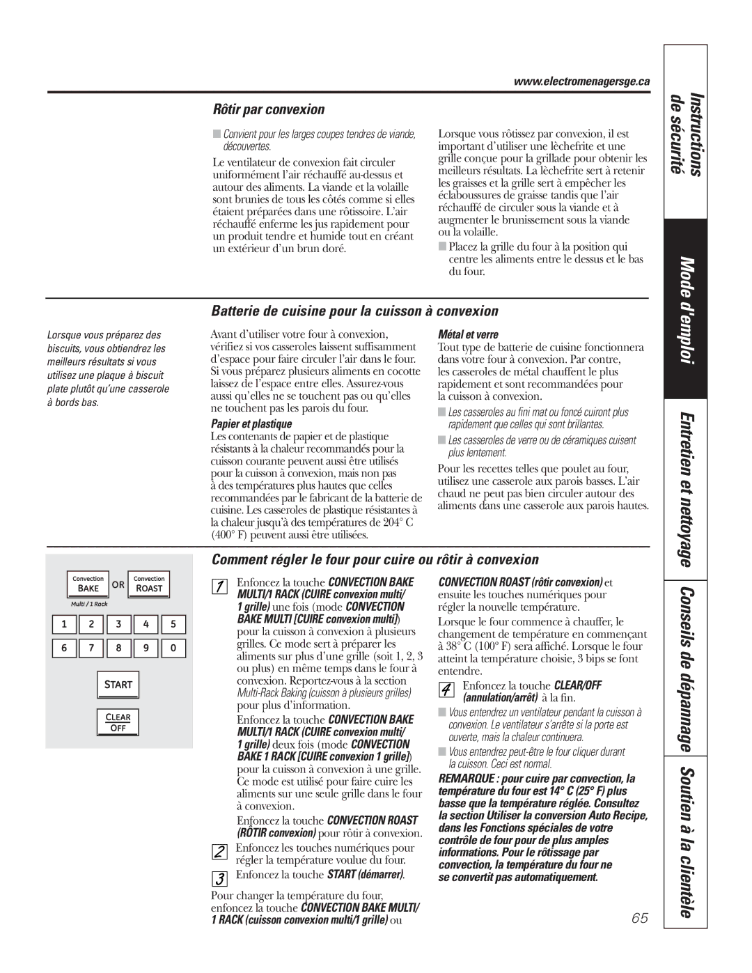 GE P2S975 owner manual Rôtir par convexion, Batterie de cuisine pour la cuisson à convexion 