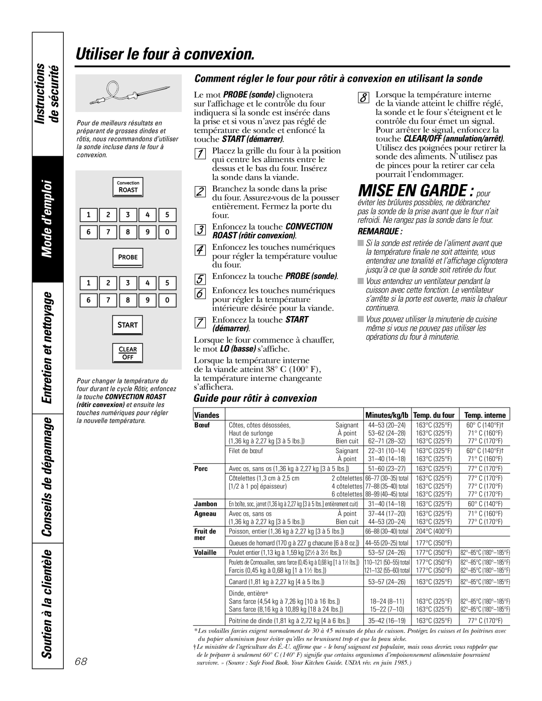 GE P2S975 owner manual Mise EN Garde pour, Guide pour rôtir à convexion 