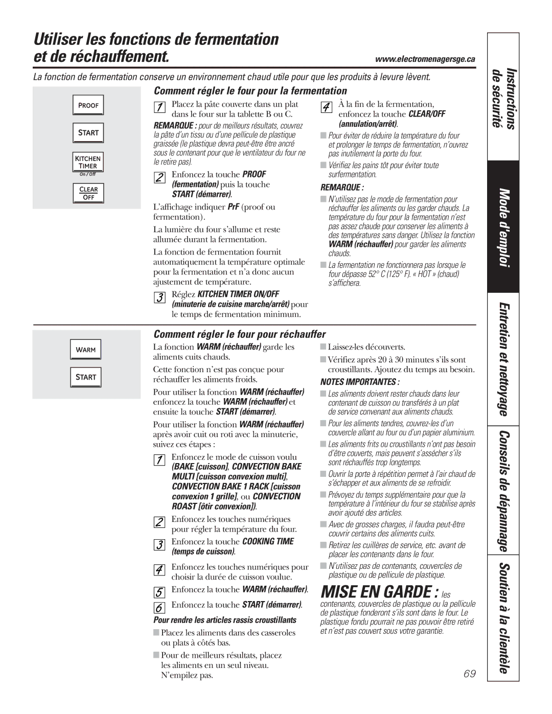 GE P2S975 owner manual Utiliser les fonctions de fermentation Et de réchauffement, Mise EN Garde les 