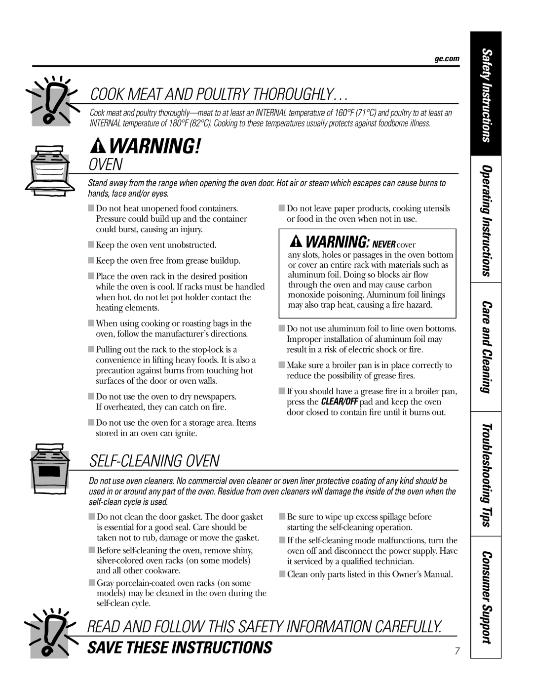 GE P2S975 owner manual Cook Meat and Poultry THOROUGHLY…, SELF-CLEANING Oven 