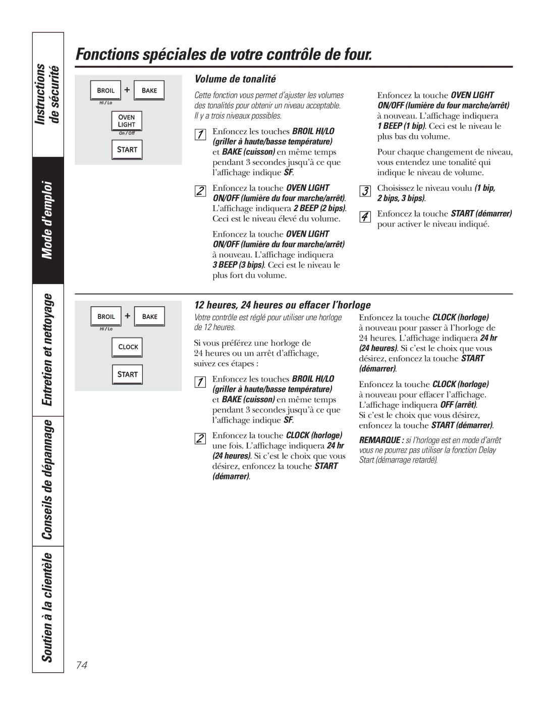 GE P2S975 Fonctions spéciales de votre contrôle de four, Volume de tonalité, Heures, 24 heures ou effacer l’horloge 