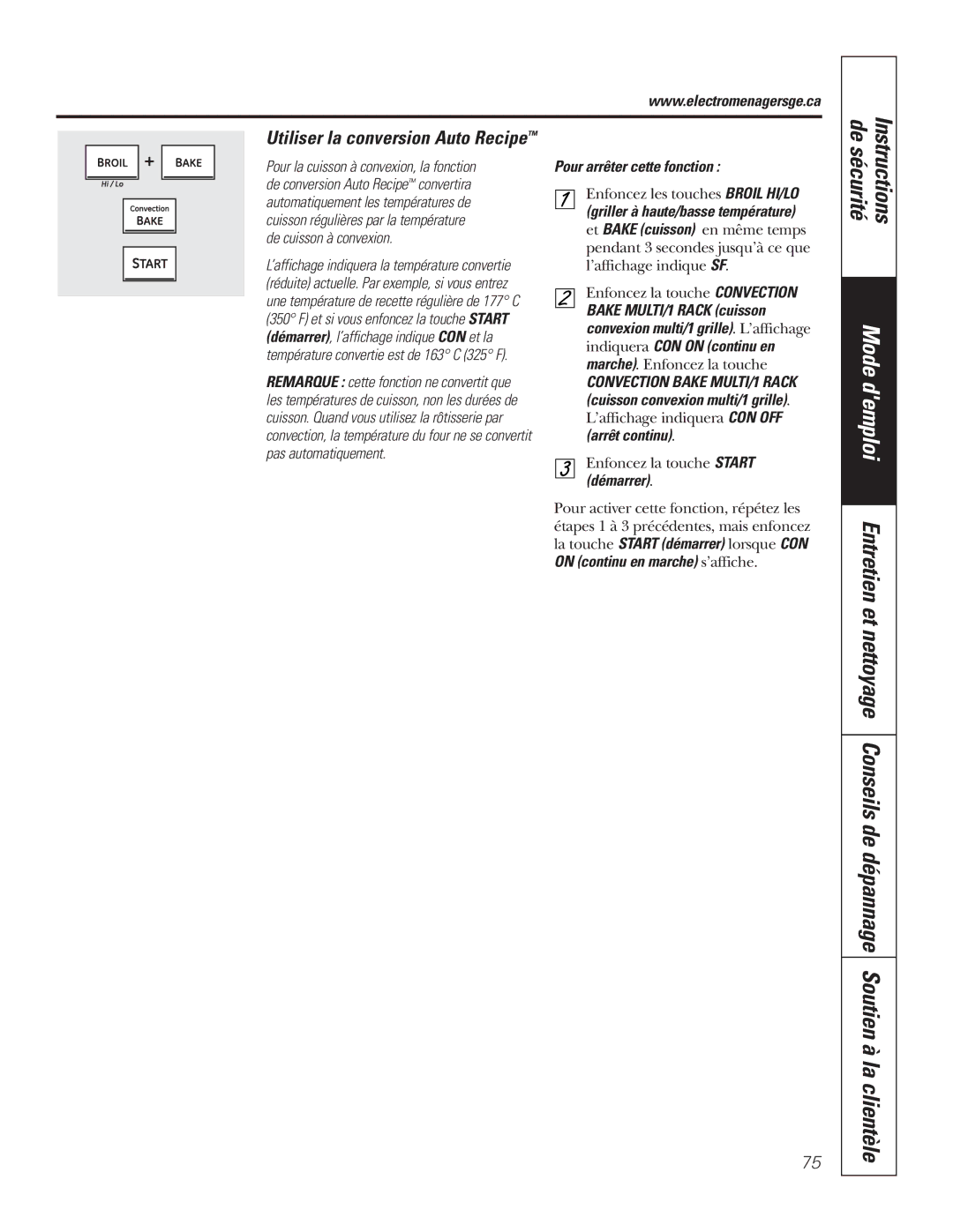 GE P2S975 owner manual Utiliser la conversion Auto Recipe, Pour arrêter cette fonction 