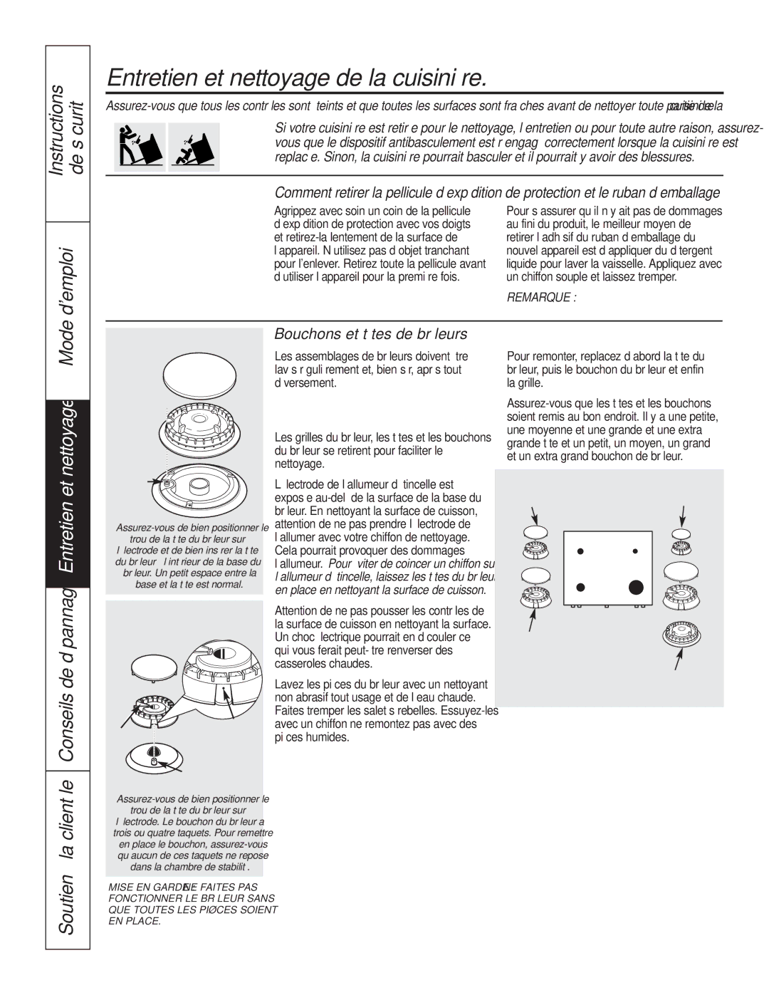 GE P2S975 Entretien et nettoyage de la cuisinière, Conseils de, Bouchons et têtes de brûleurs, Soutien à la clientèle 