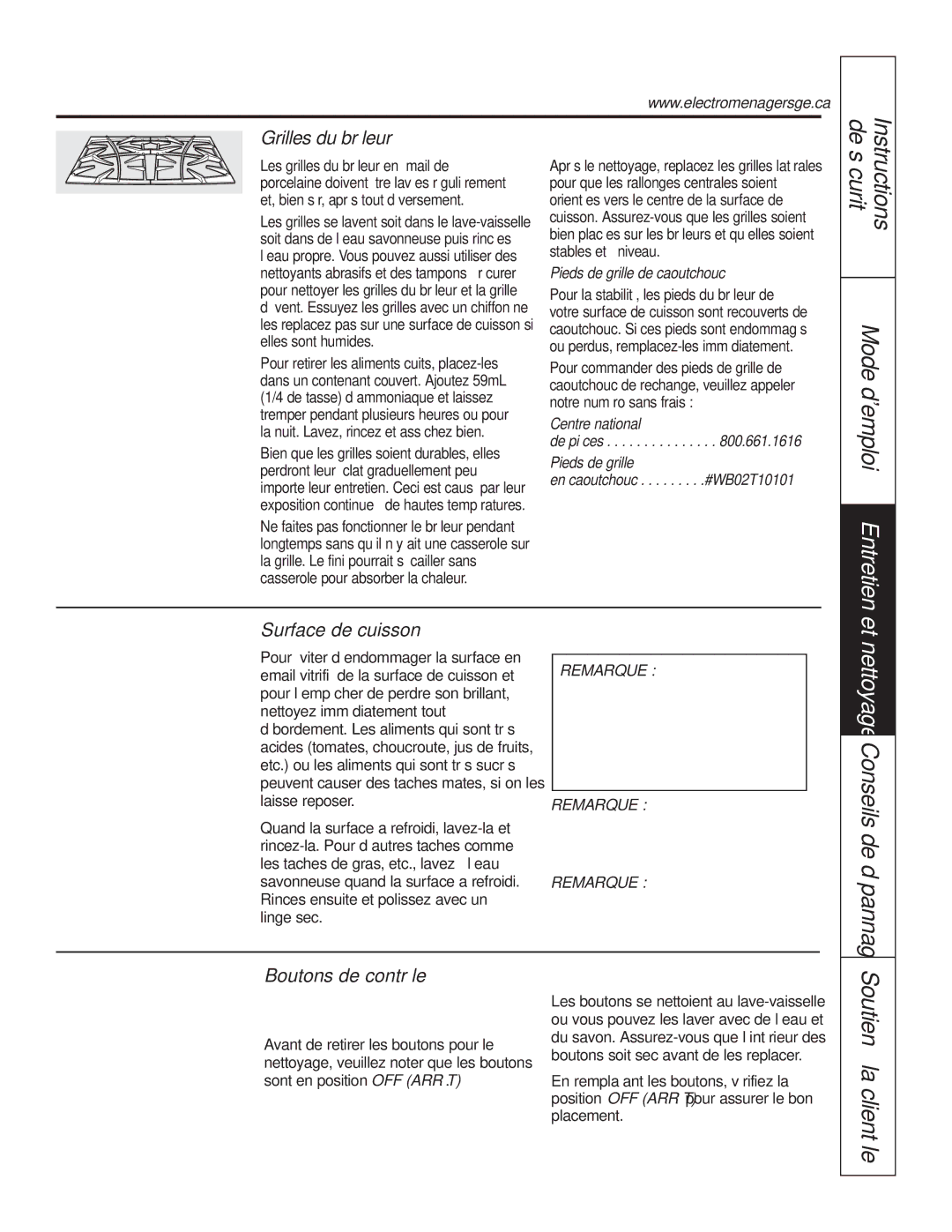 GE P2S975 owner manual Grilles du brûleur, Surface de cuisson, Boutons de contrôle 