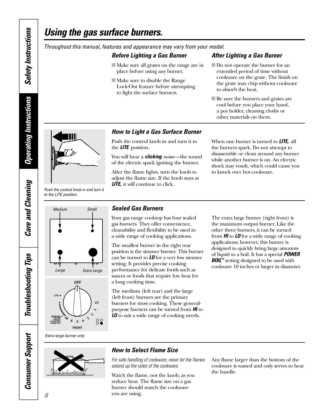 GE P2S975 Before Lighting a Gas Burner, After Lighting a Gas Burner, Sealed Gas Burners, How to Select Flame Size 