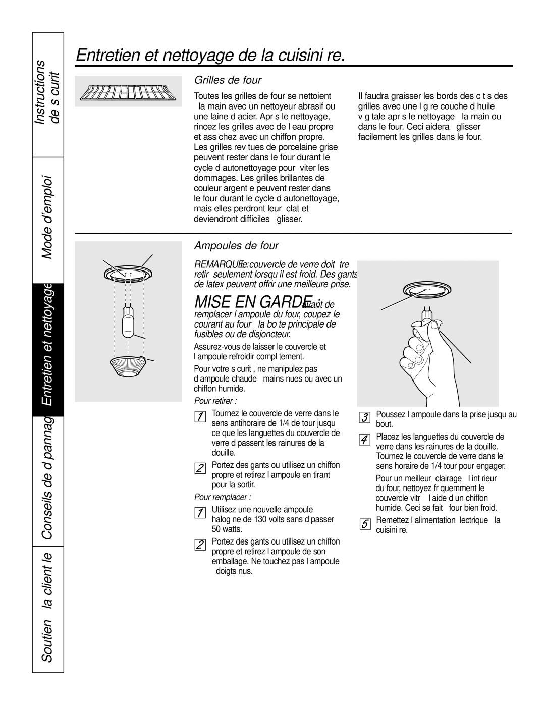 GE P2S975 owner manual Mise EN Garde avant de, Demploi, Ampoules de four 