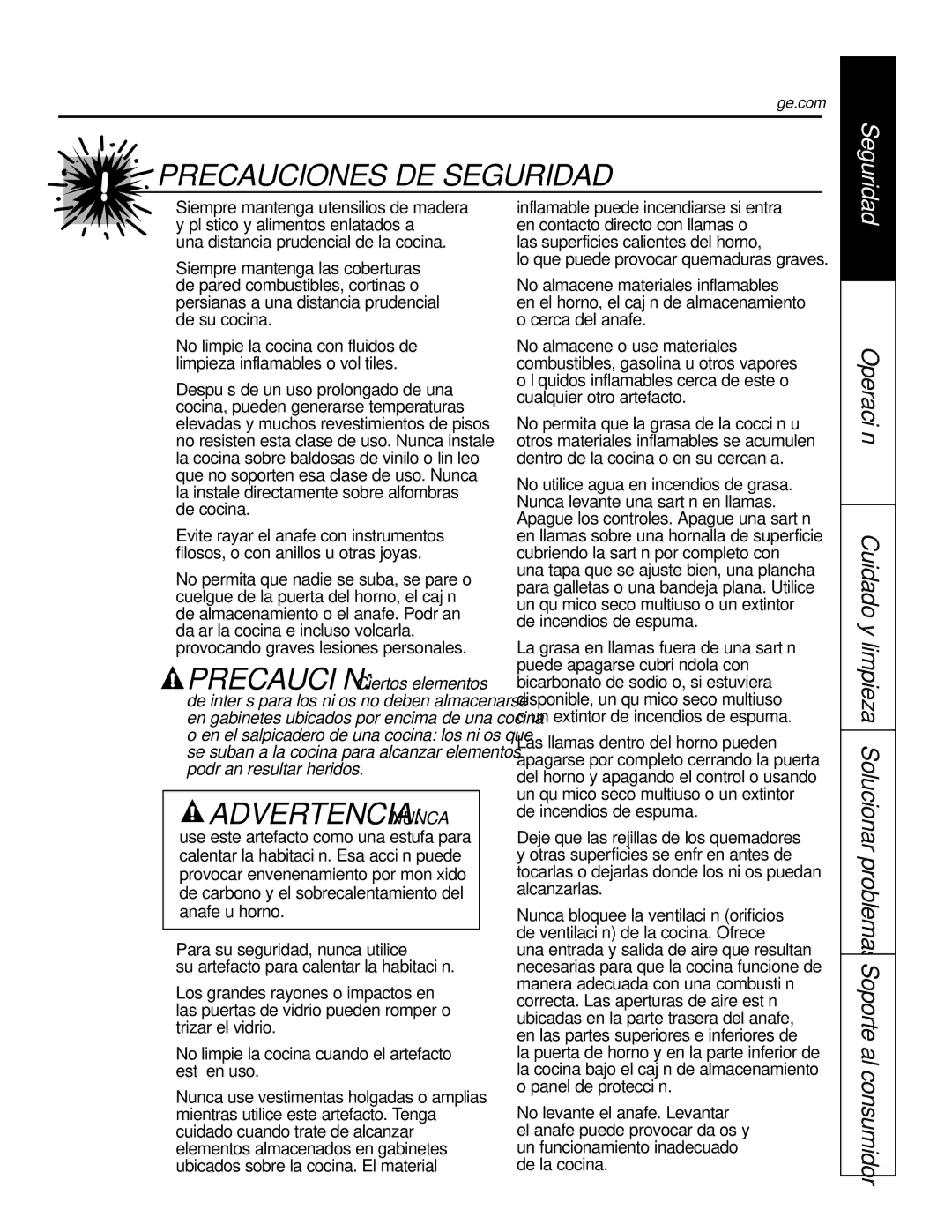 GE P2S975 owner manual Advertencia Nunca 