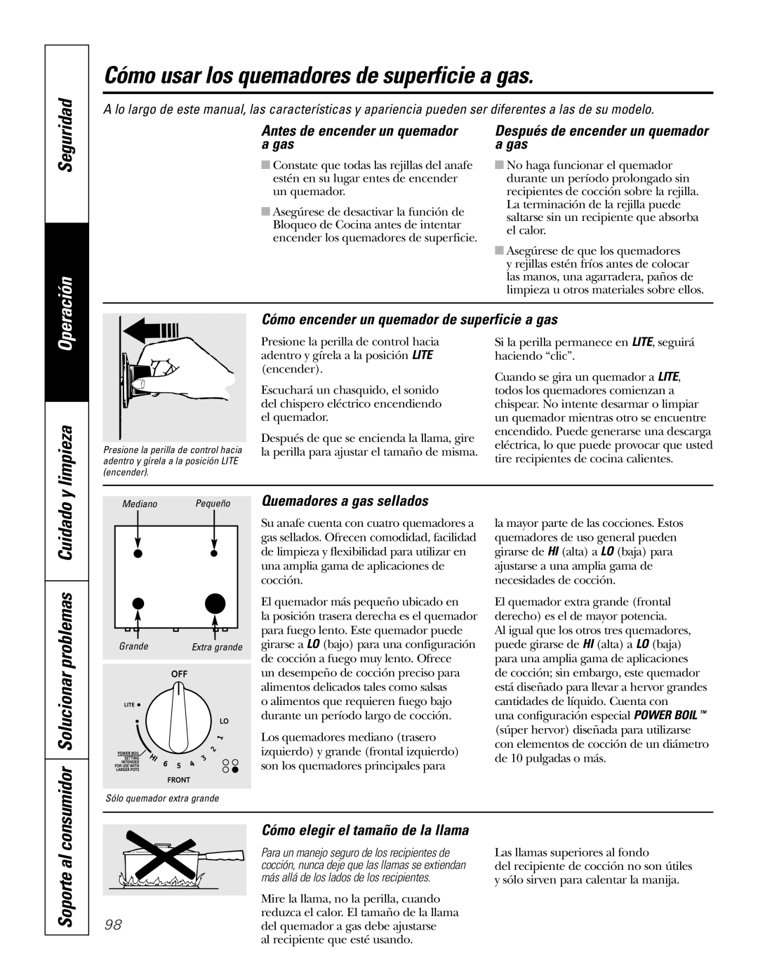 GE P2S975 Cómo usar los quemadores de superficie a gas, Seguridad, Solucionar problemas Cuidado y limpieza, Consumidor 