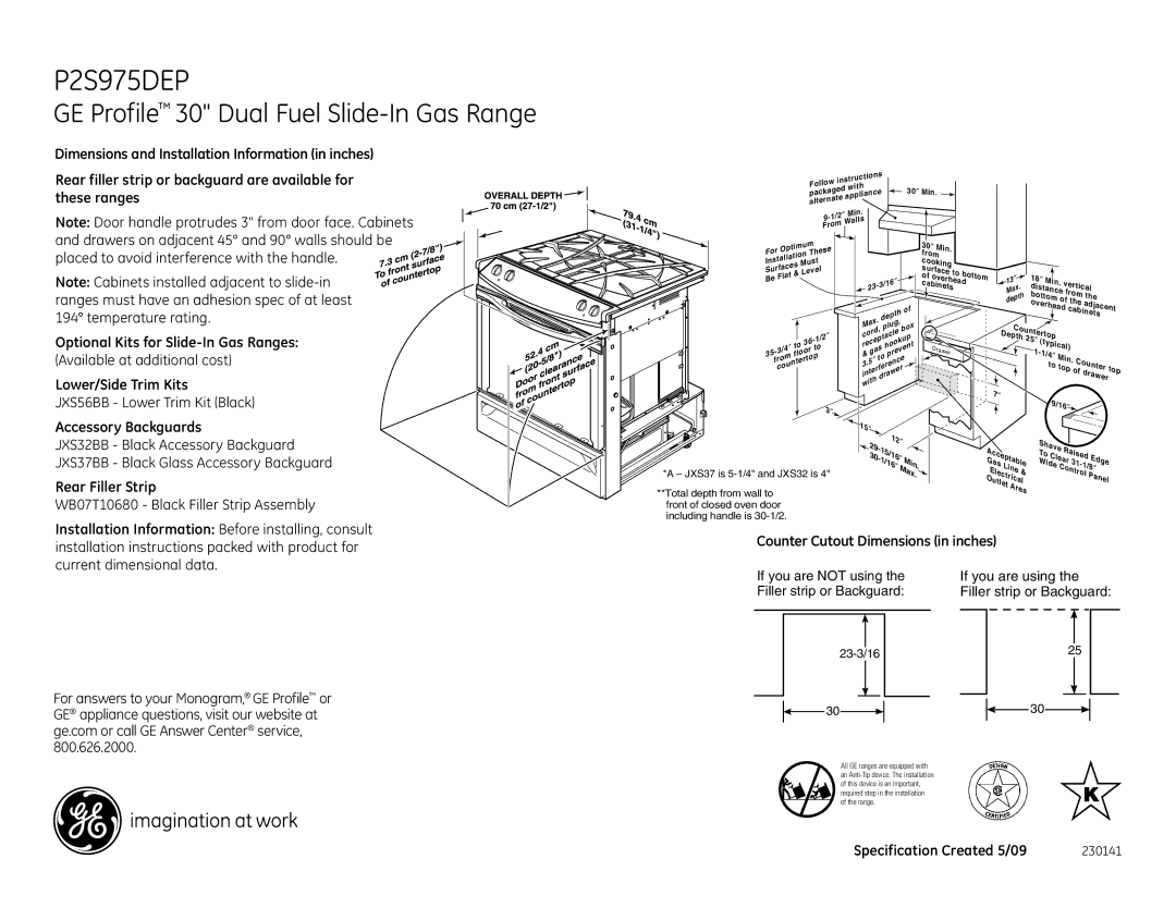 GE P2S975DEPBB installation instructions Optional Kits for Slide-In Gas Ranges, Lower/Side Trim Kits, Accessory Backguards 