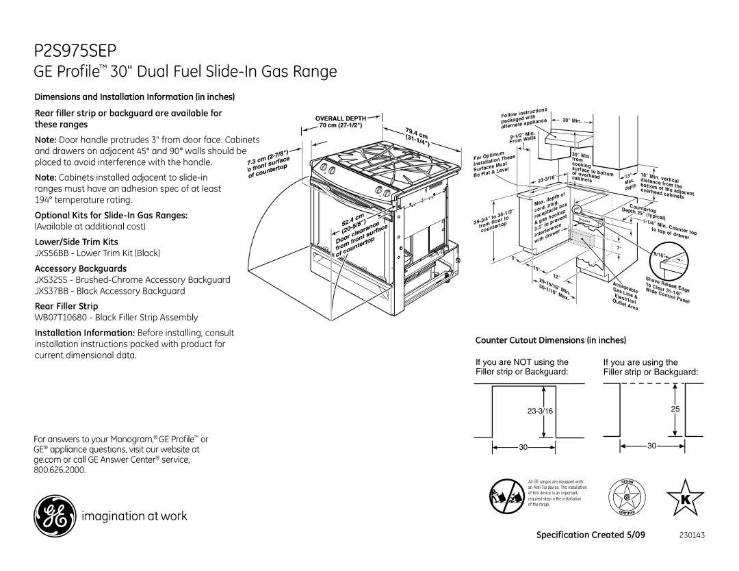 GE P2S975SEPSS installation instructions GE Profile 30 Dual Fuel Slide-In Gas Range 