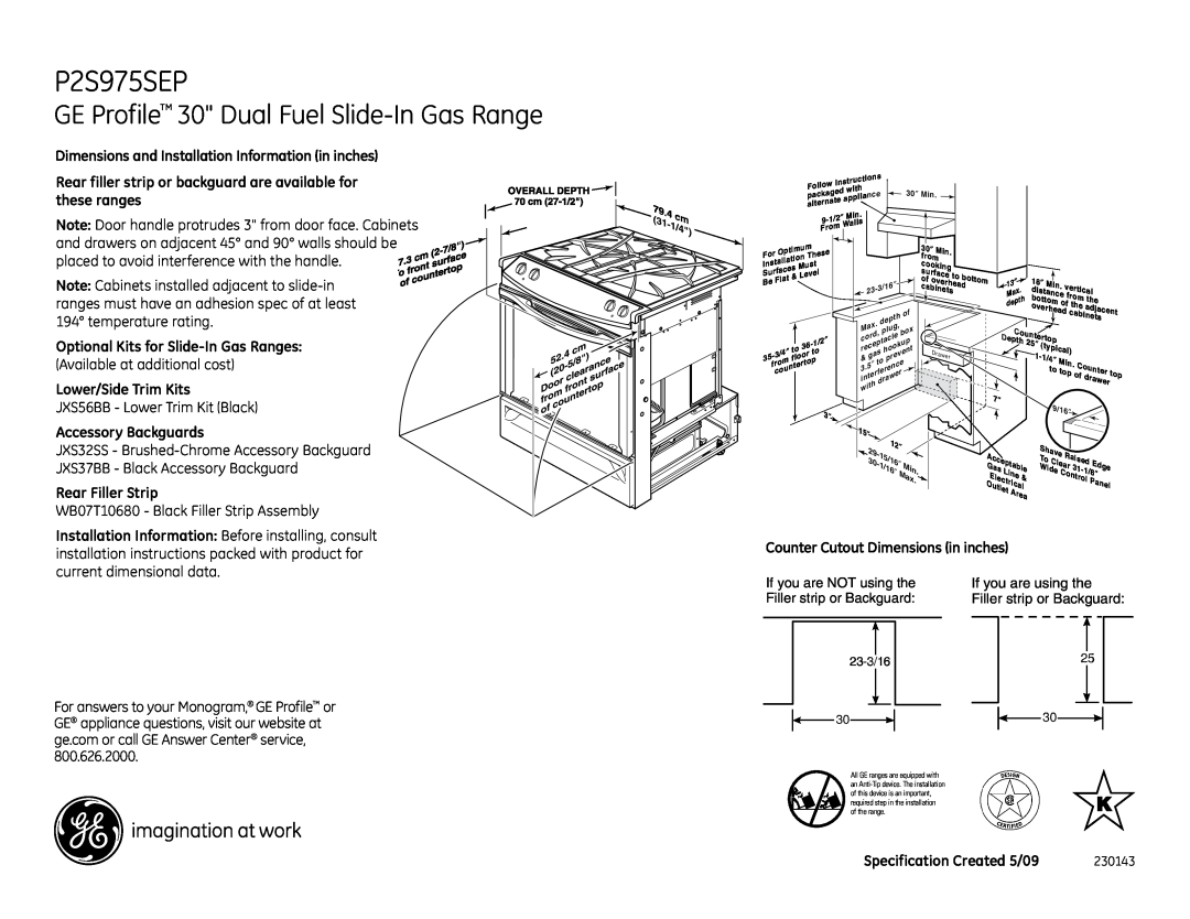 GE P2S975SEPSS installation instructions GE Profile 30 Dual Fuel Slide-In Gas Range, Optional Kits for Slide-In Gas Ranges 