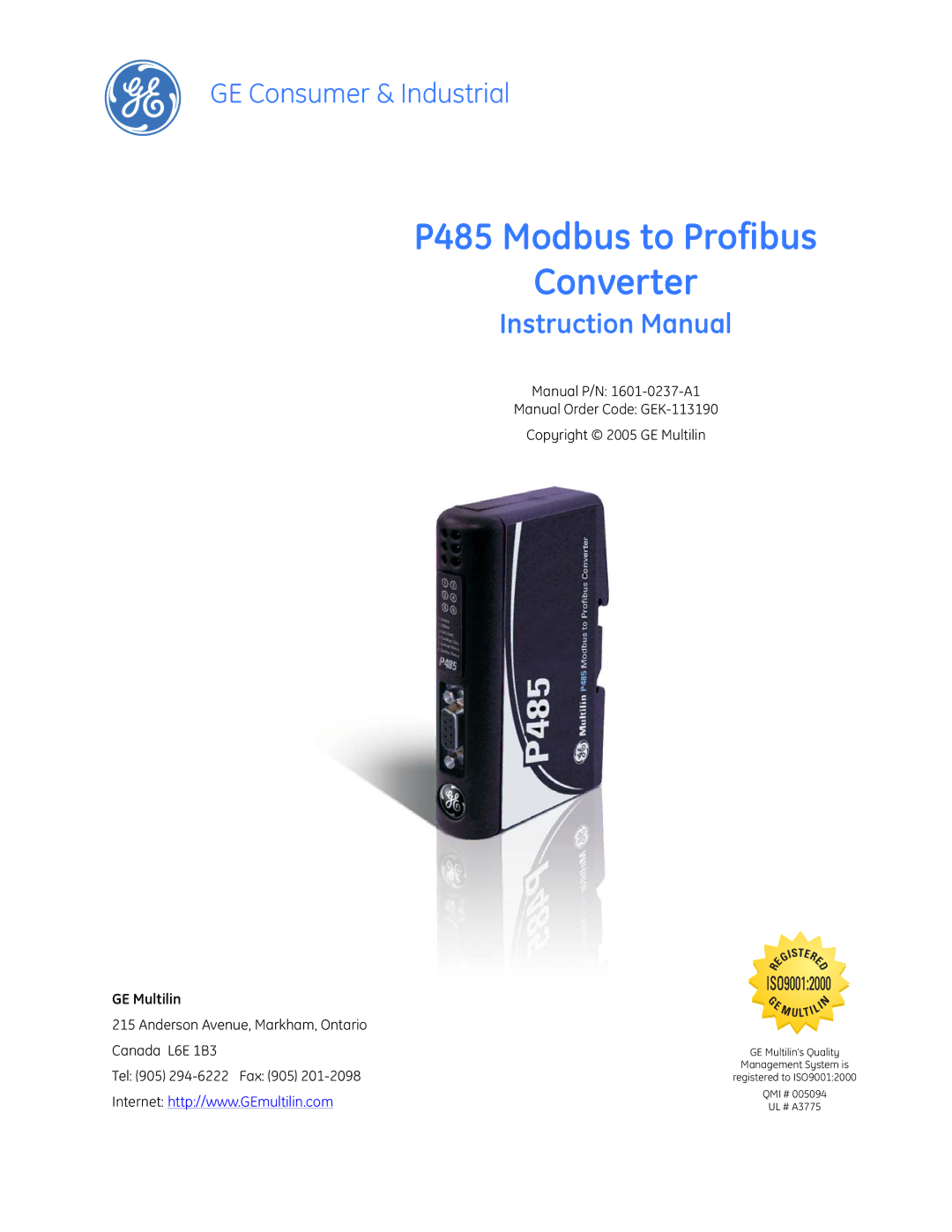 GE instruction manual P485 Modbus to Profibus Converter, GE Multilin 