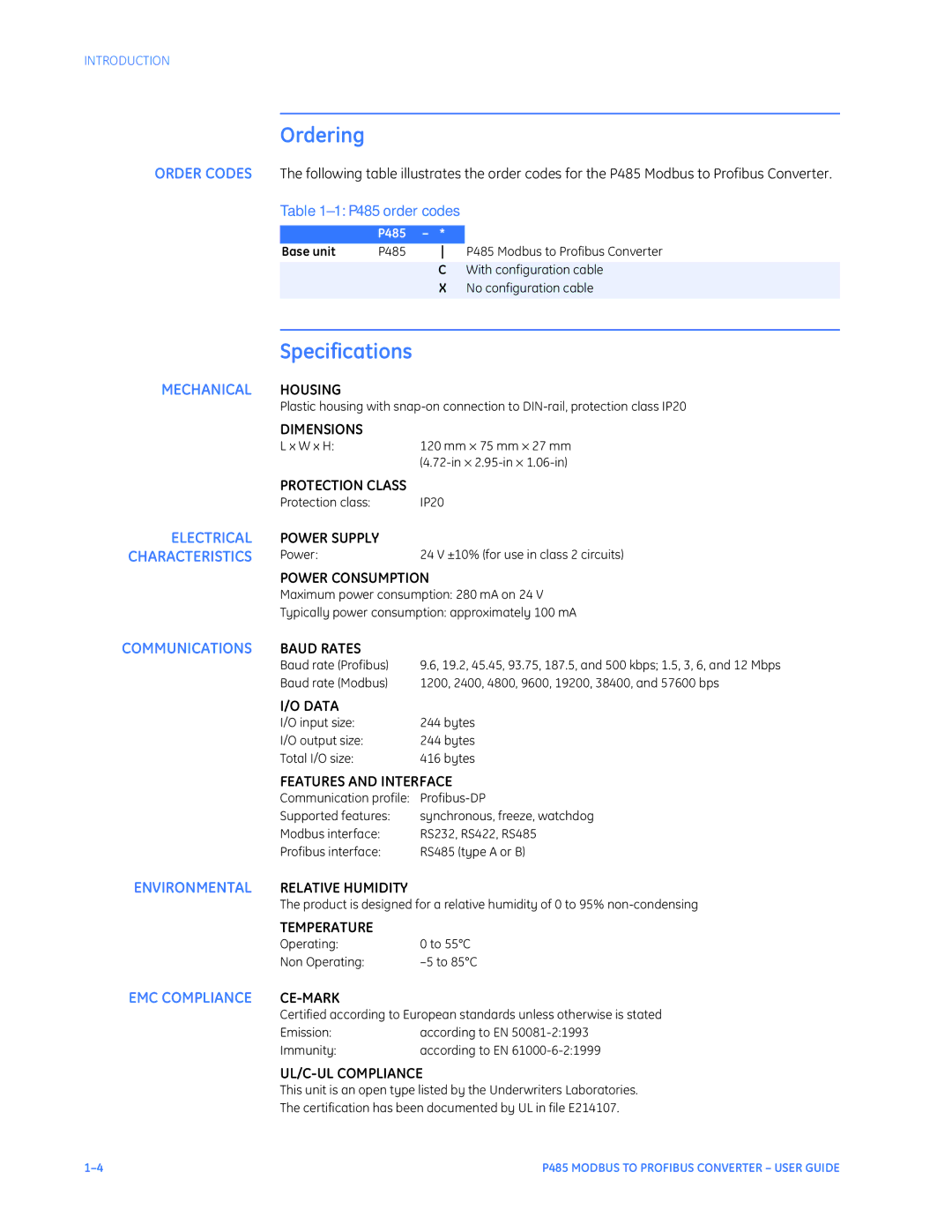 GE P485 instruction manual Ordering, Specifications, Mechanical Housing, Communications 