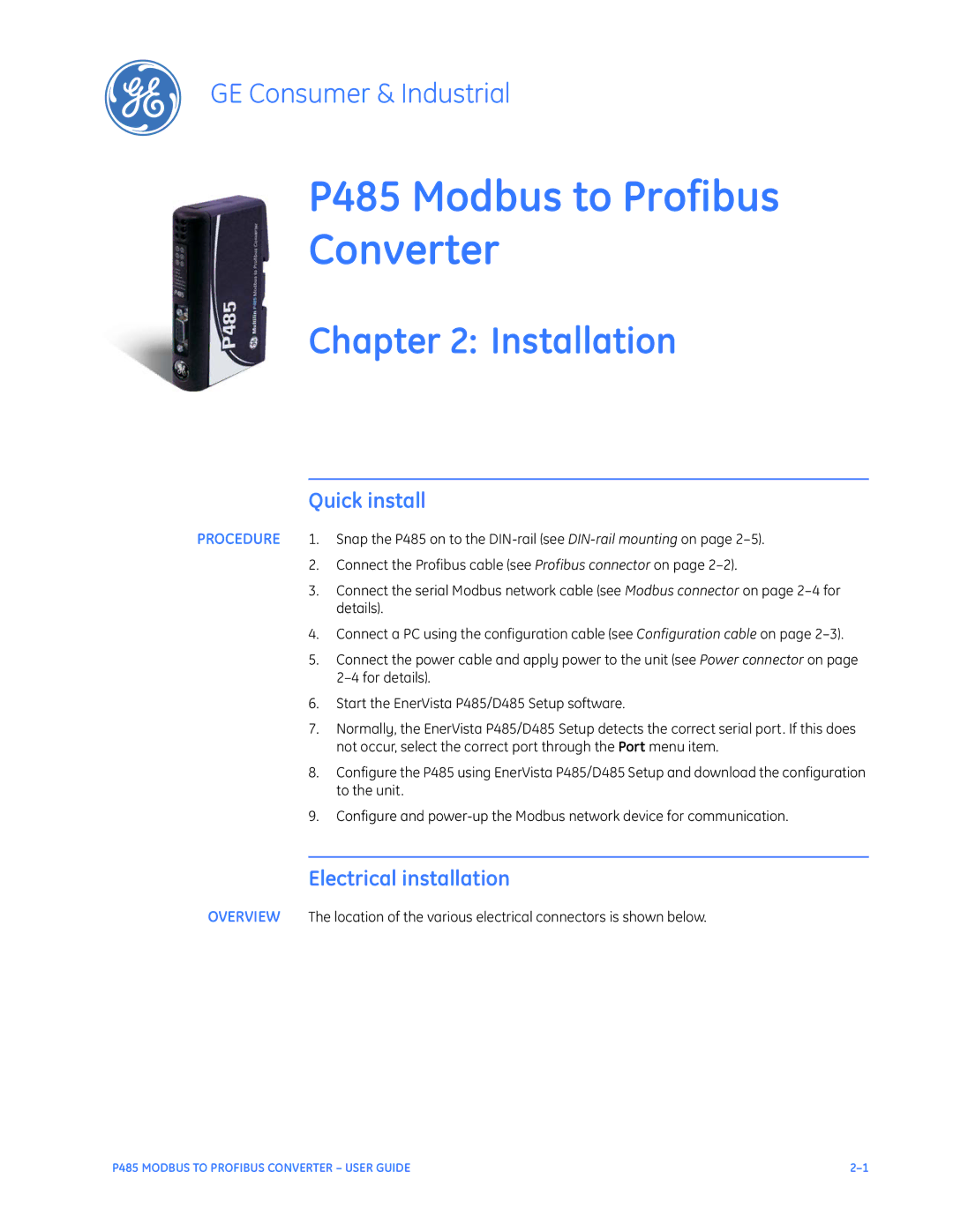 GE P485 instruction manual Installation, Quick install, Electrical installation 