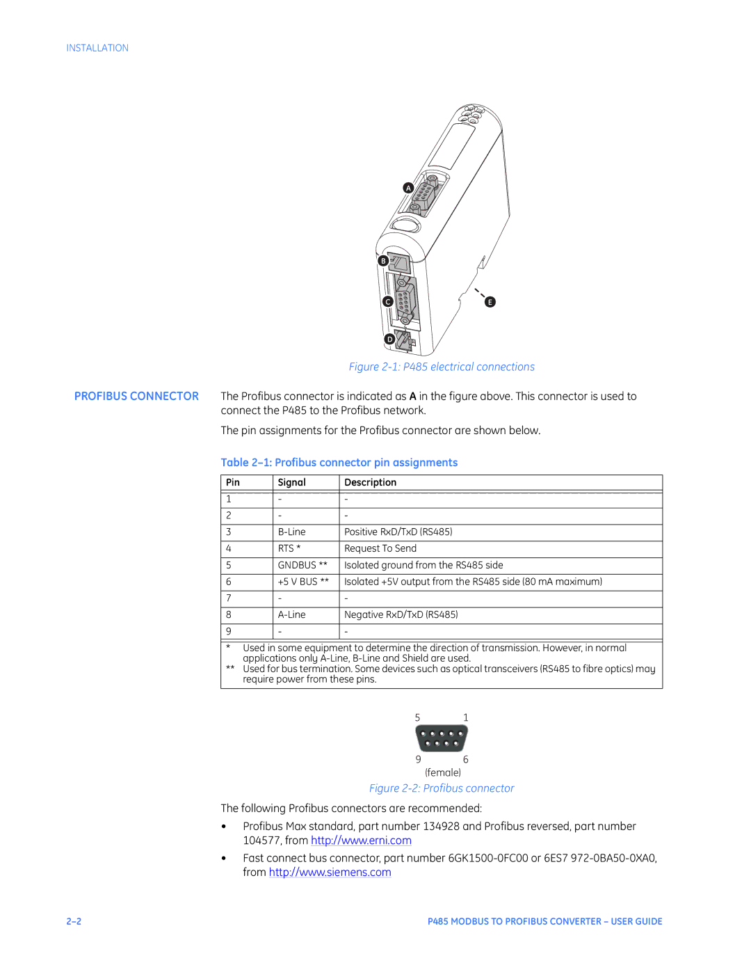 GE P485 instruction manual Profibus connector pin assignments, Pin Signal Description 