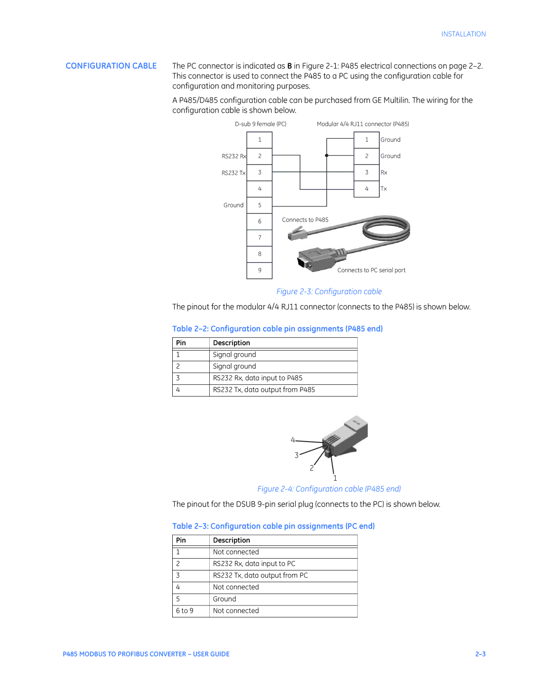 GE instruction manual Configuration cable pin assignments P485 end, Pin Description 