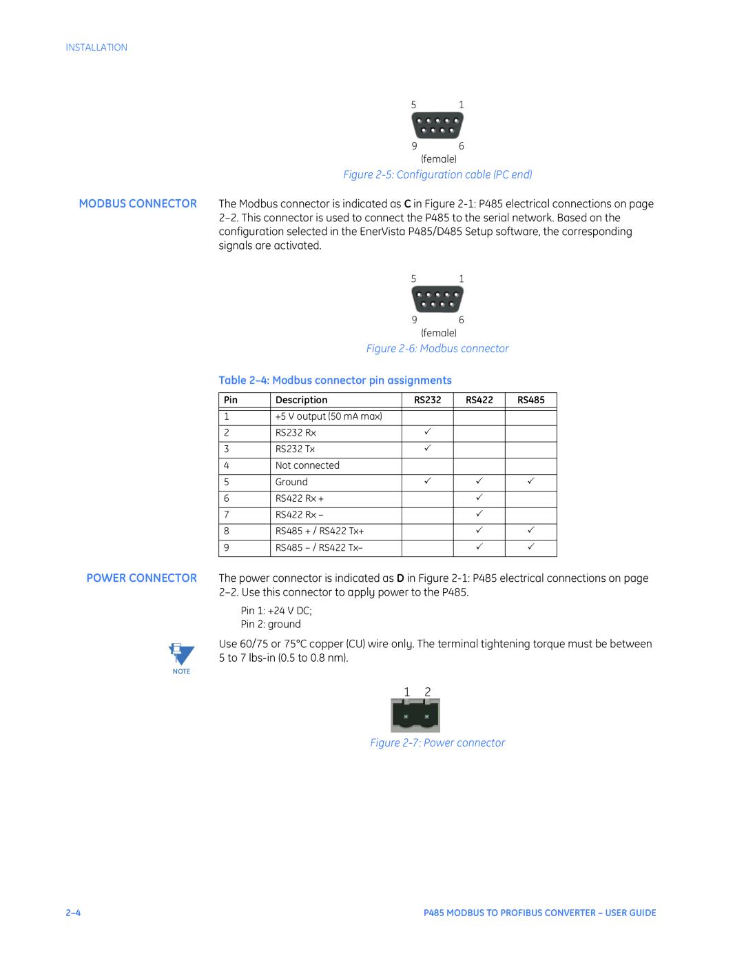 GE P485 instruction manual Configuration cable PC end 