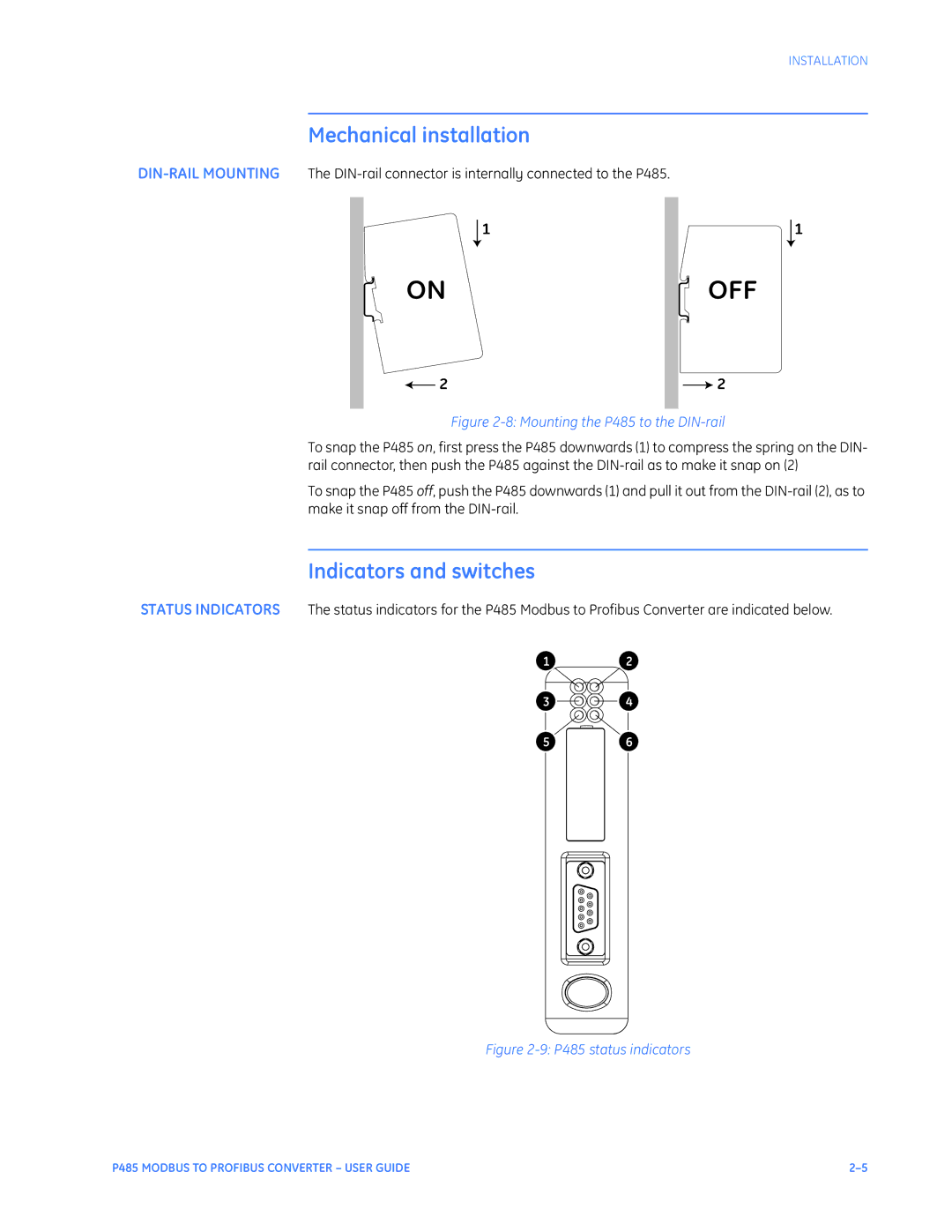 GE P485 instruction manual Mechanical installation, Indicators and switches 