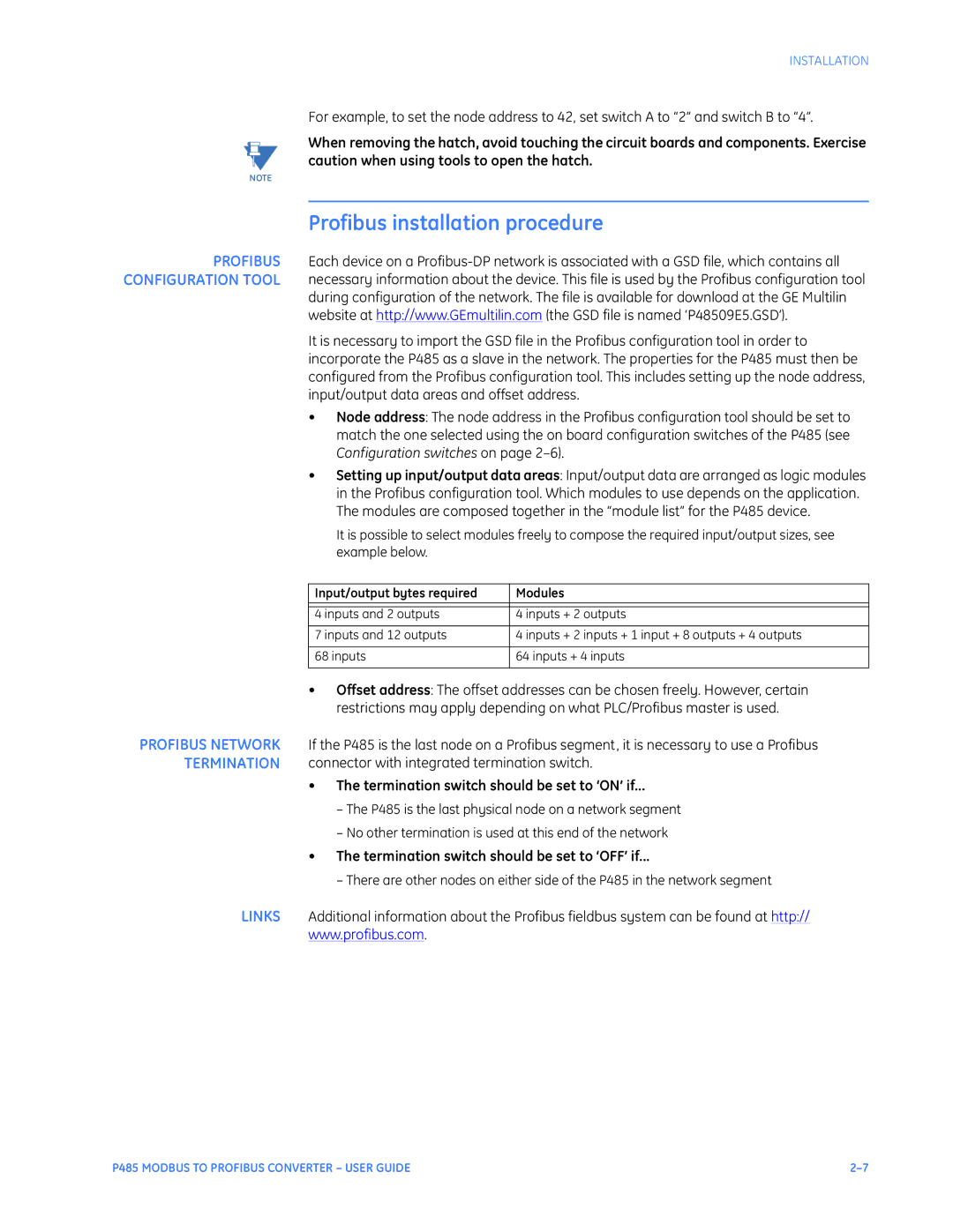 GE P485 instruction manual Profibus installation procedure, Input/output bytes required Modules 