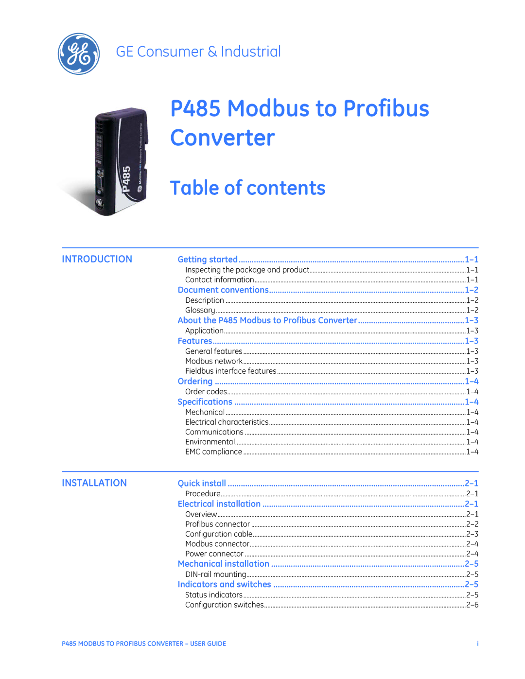 GE instruction manual P485 Modbus to Profibus Converter, Table of contents 