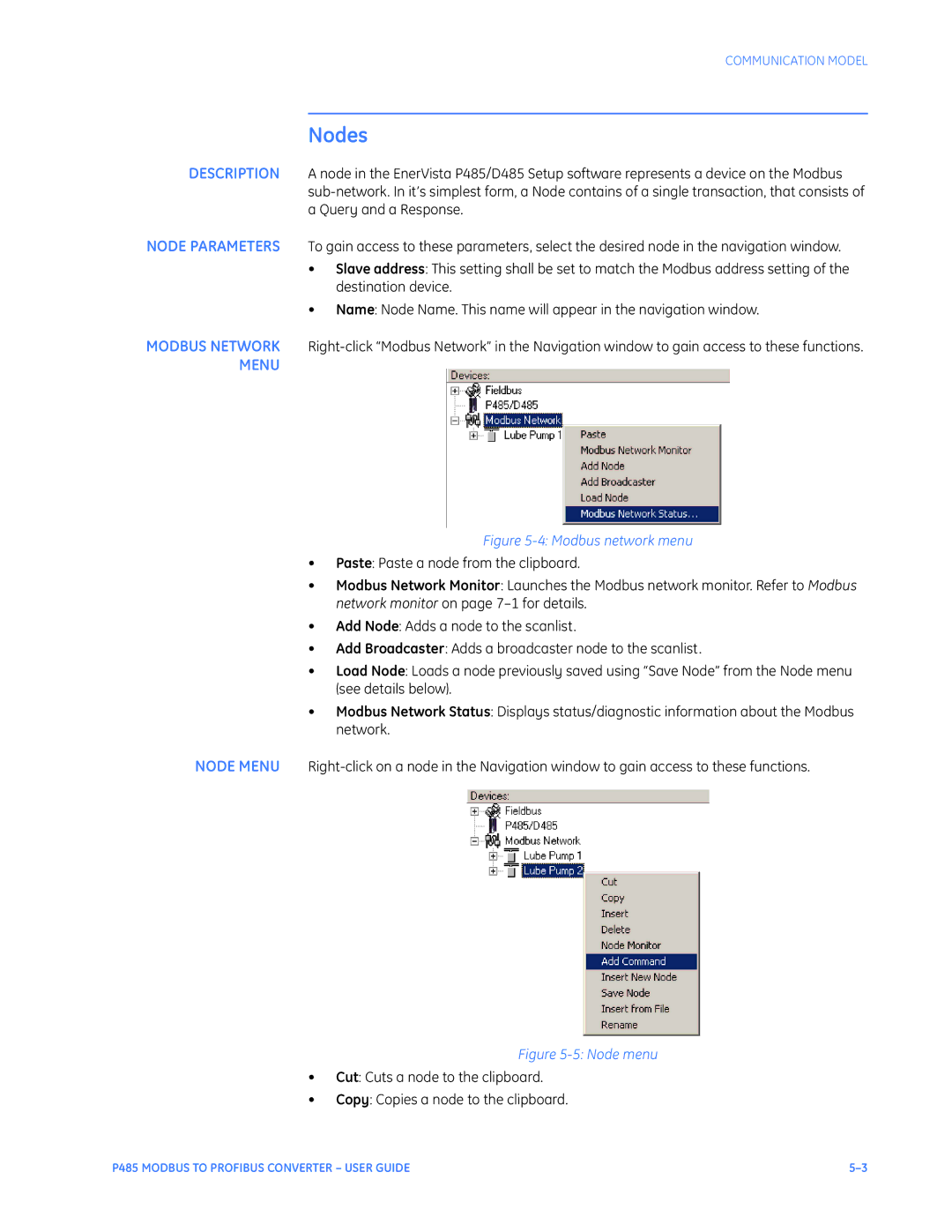 GE P485 instruction manual Nodes, Menu 