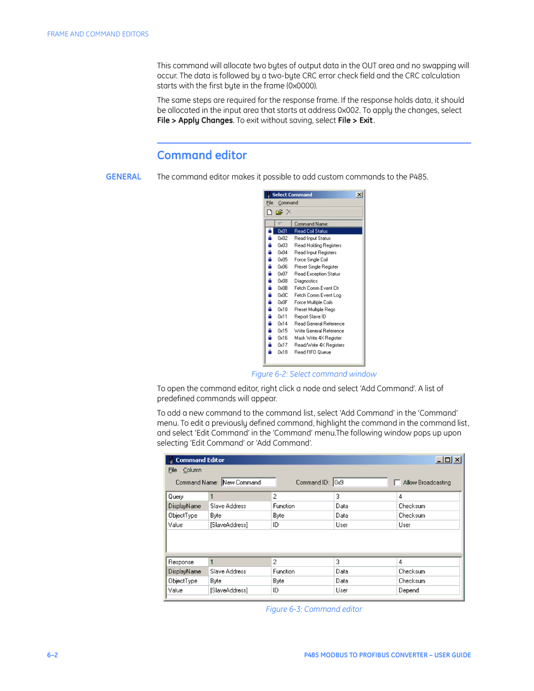 GE P485 instruction manual Command editor, Select command window 