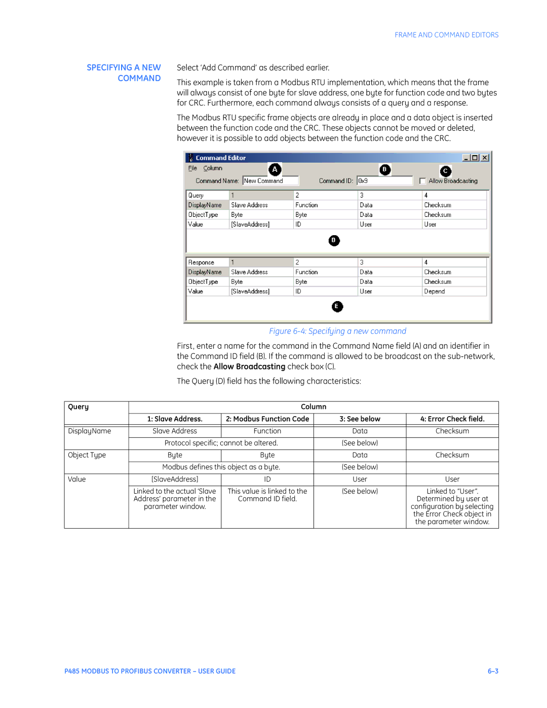 GE P485 instruction manual Select ‘Add Command’ as described earlier, Query Column 