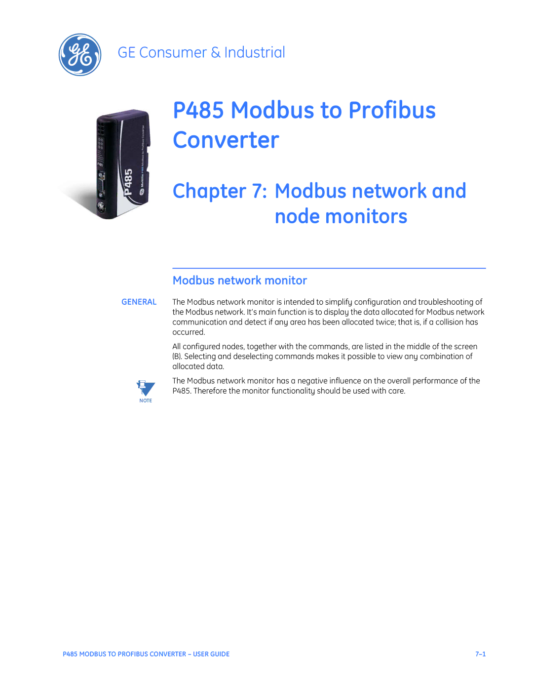 GE P485 instruction manual Modbus network and node monitors, Modbus network monitor 