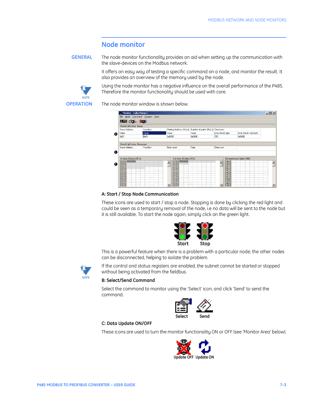 GE P485 instruction manual Node monitor, Update OFF Update on 