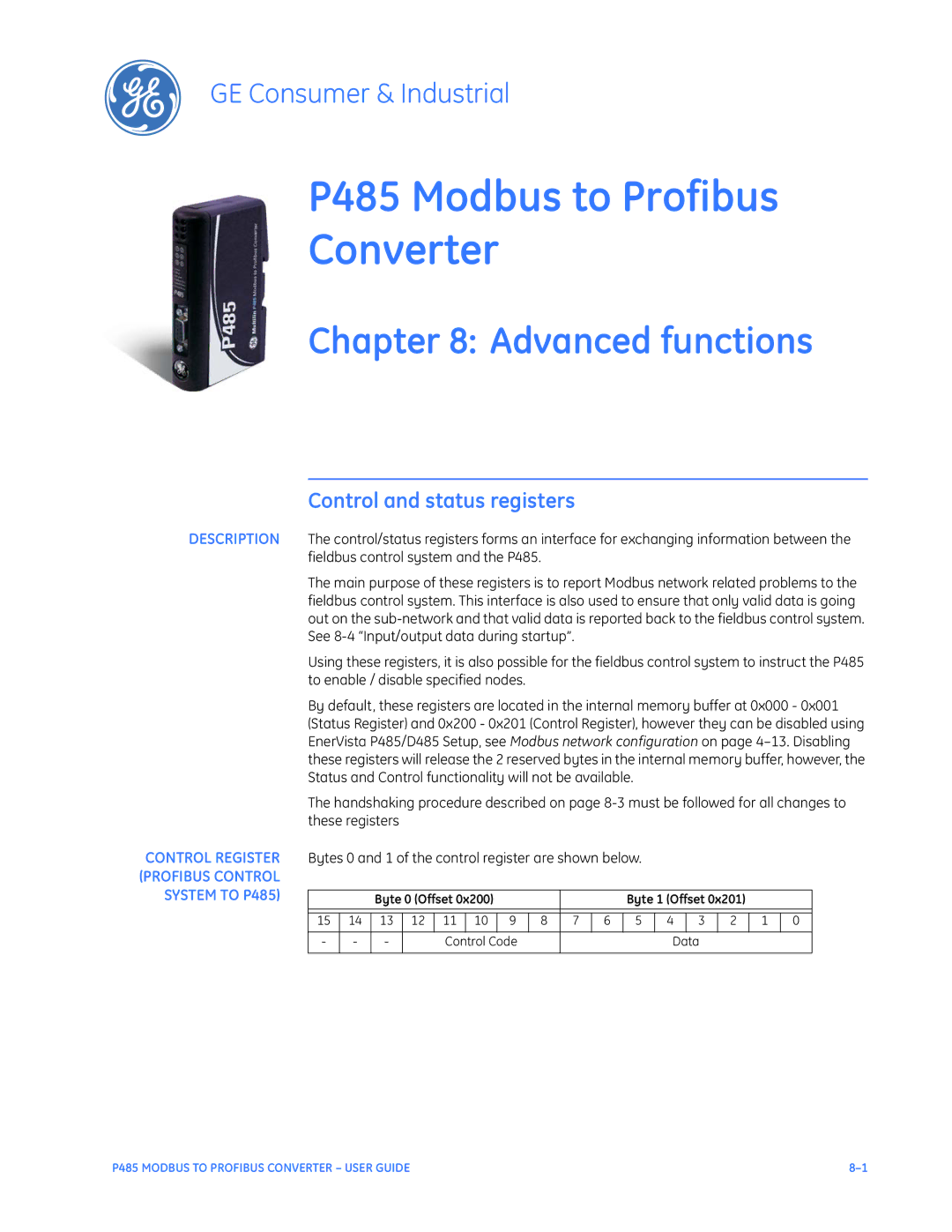 GE P485 instruction manual Advanced functions, Control and status registers 