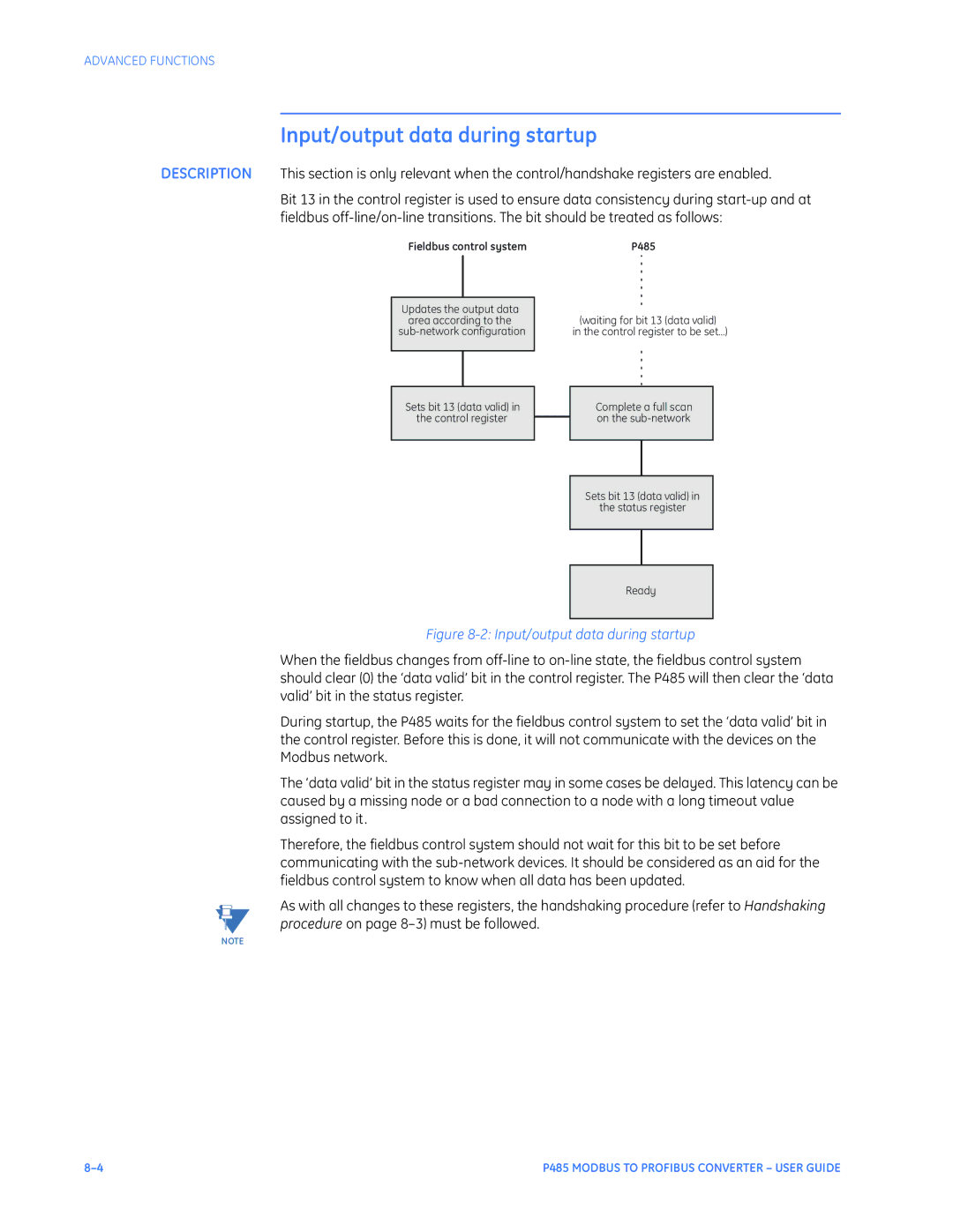 GE P485 instruction manual Input/output data during startup, Fieldbus control system 