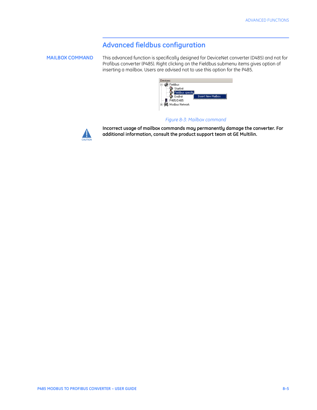 GE P485 instruction manual Advanced fieldbus configuration, Mailbox command 