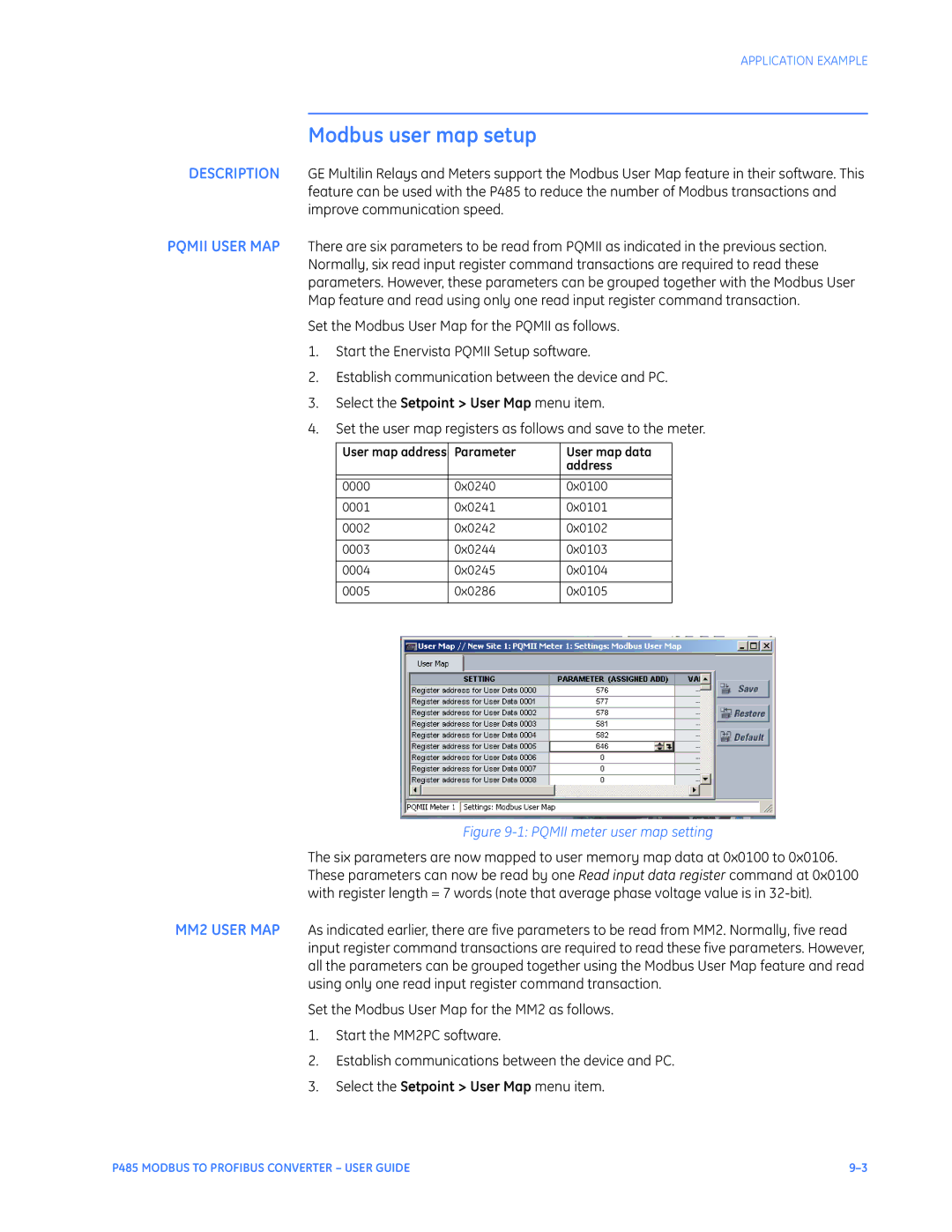 GE P485 instruction manual Modbus user map setup, Parameter User map data Address 