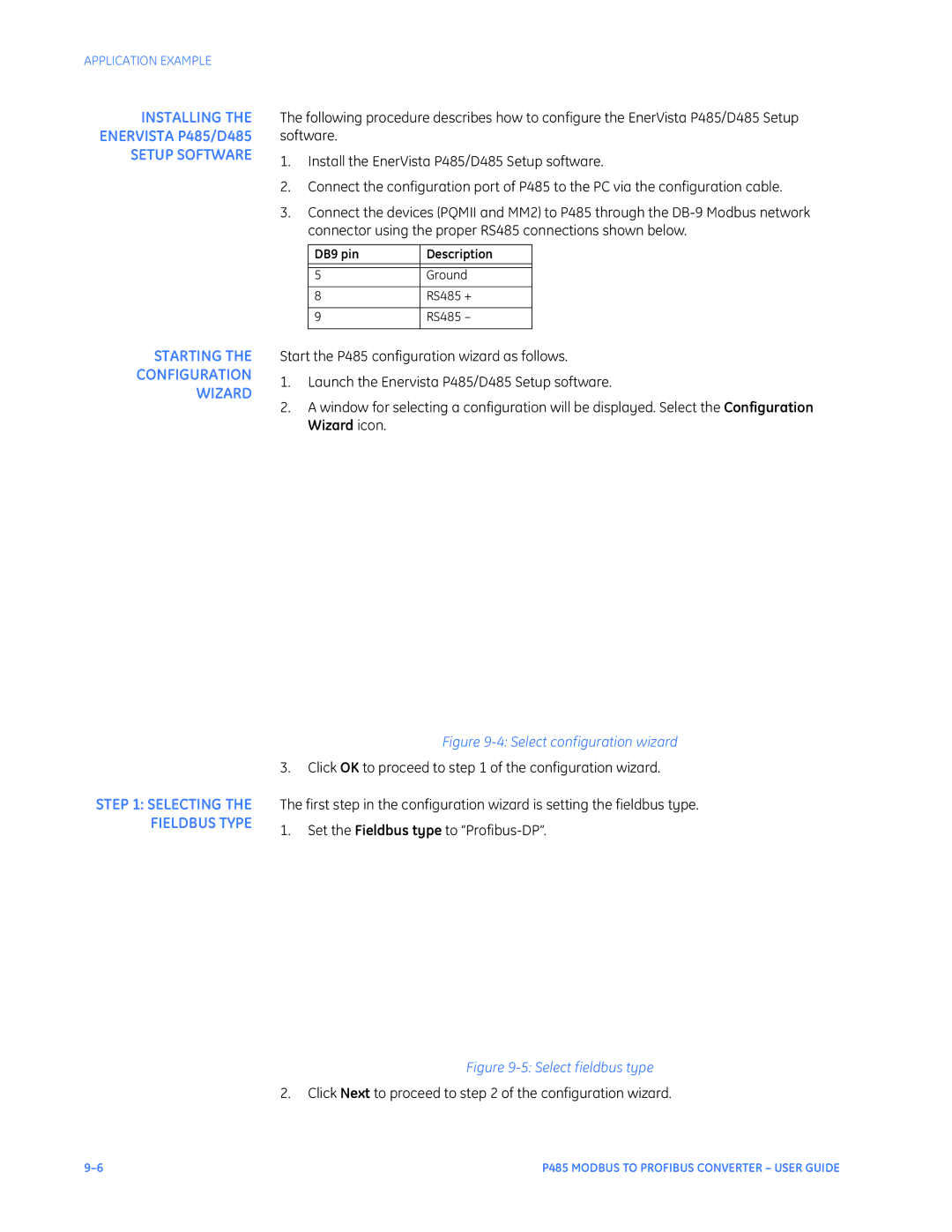 GE P485 instruction manual Setup Software Starting Configuration Wizard, DB9 pin Description 