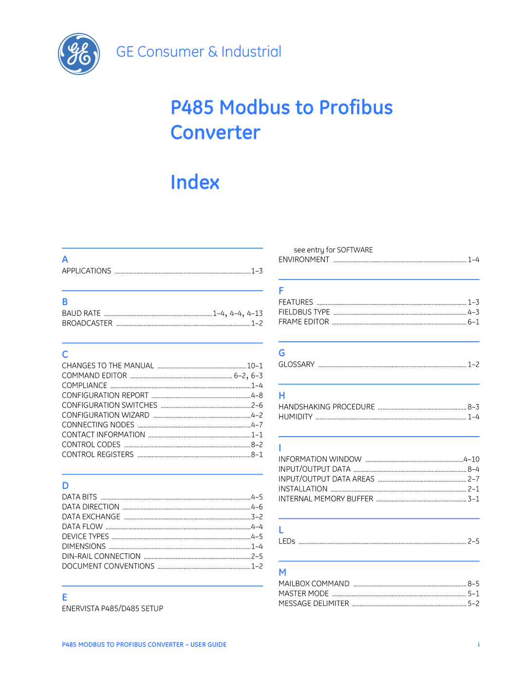 GE instruction manual P485 Modbus to Profibus Converter Index, 6-3 