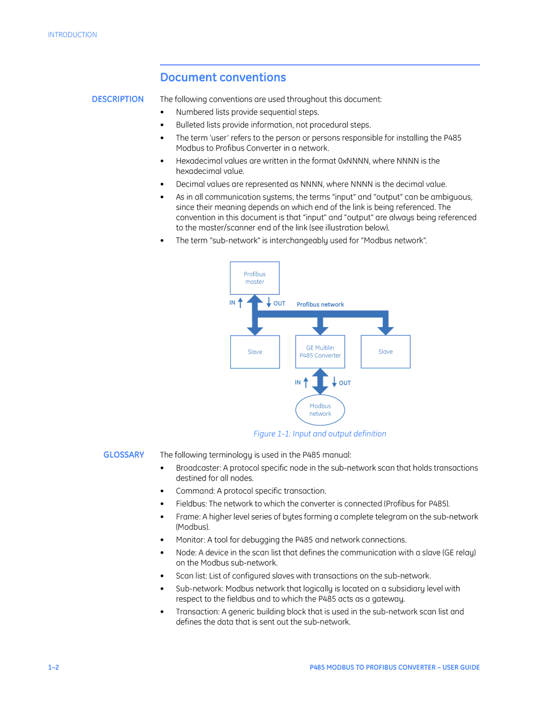 GE P485 instruction manual Document conventions, Input and output definition 