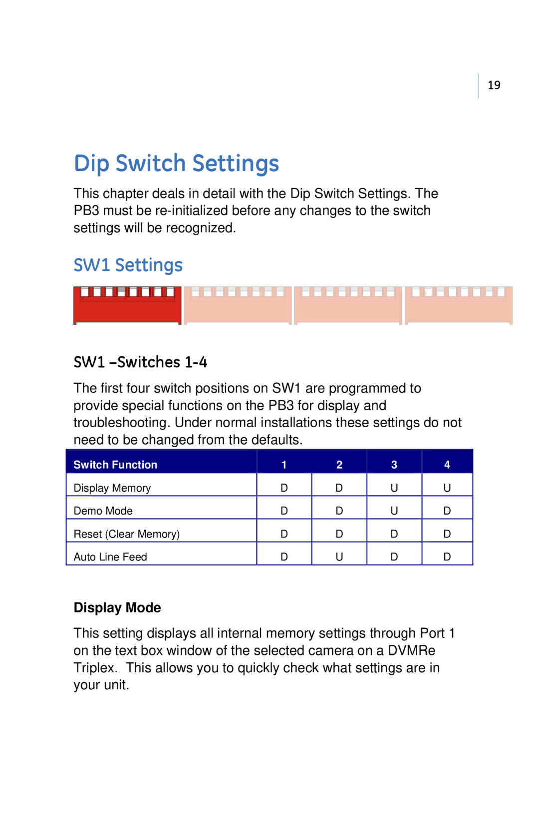 GE PB3-POS-RP user manual Dip Switch Settings, SW1 Settings, SW1 -Switches, Display Mode 